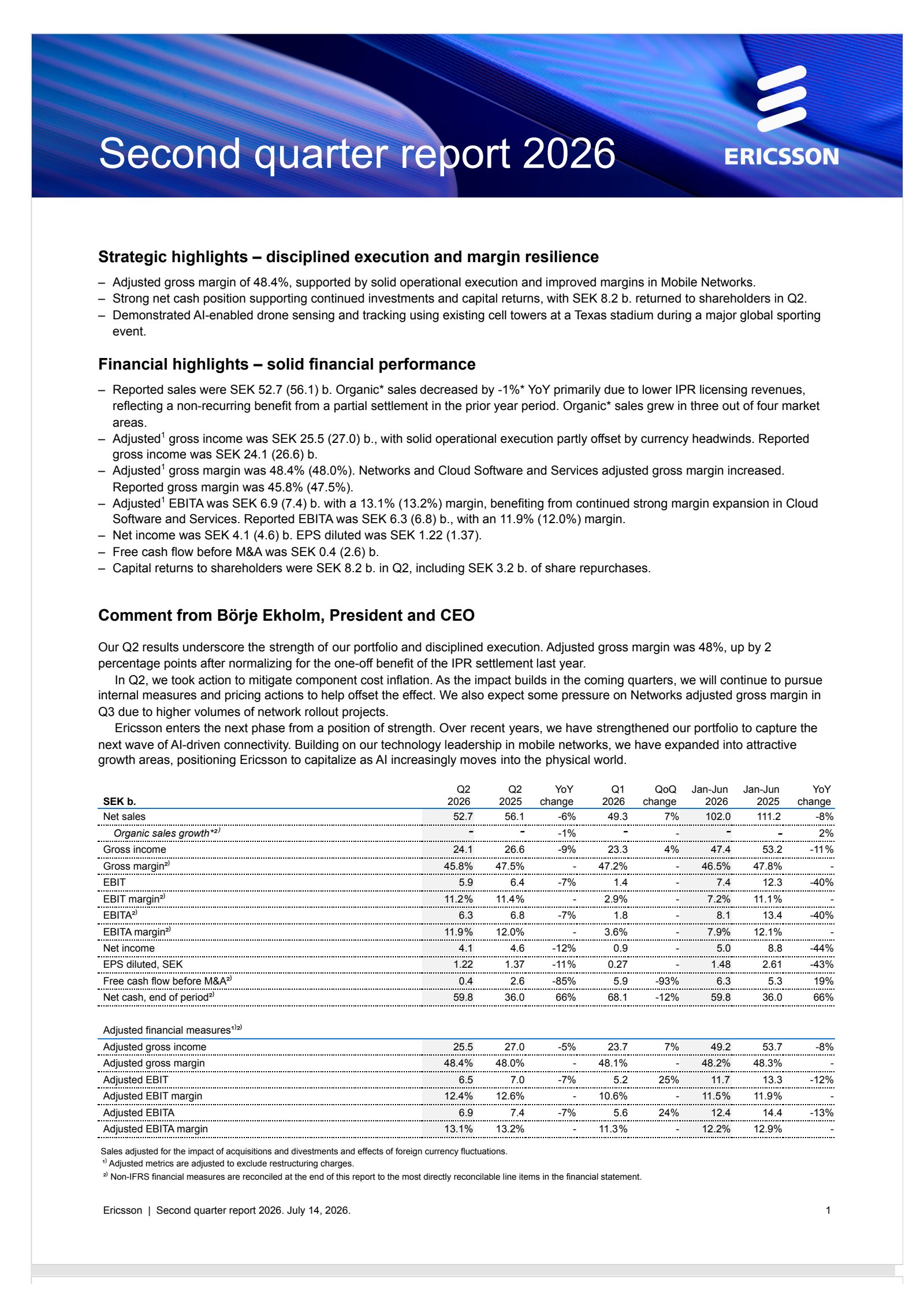 Ericsson's Q2 2026 Press Release