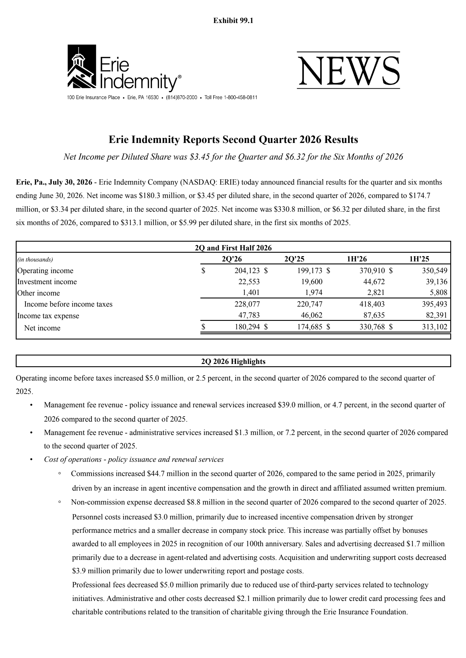Erie Indemnity's Q2 2026 Press Release