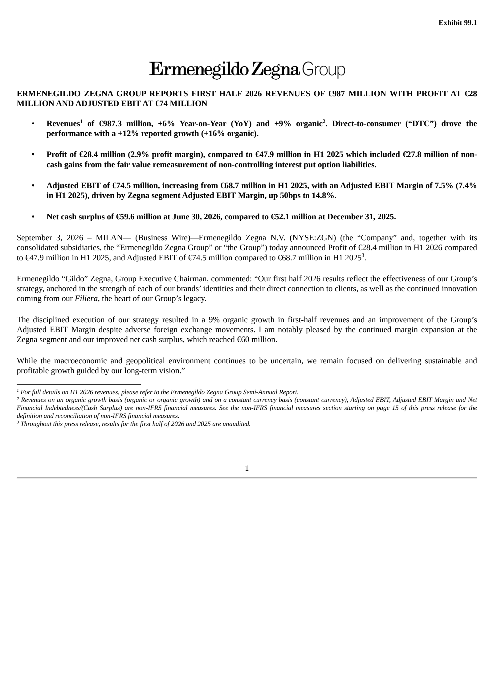 Ermenegildo Zegna's H1 2026 Press Release