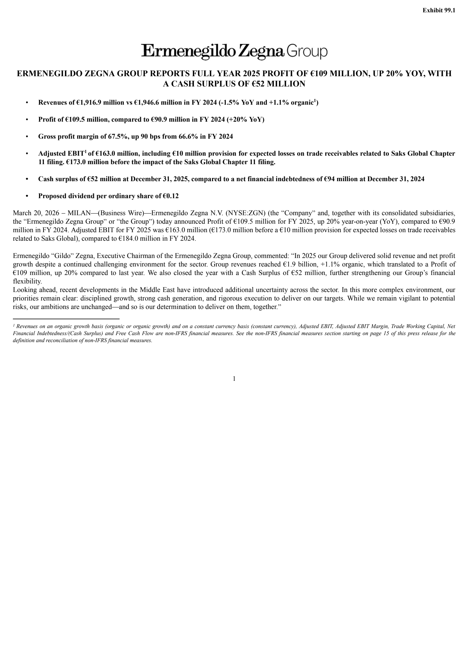 Ermenegildo Zegna's H2 2025 Press Release