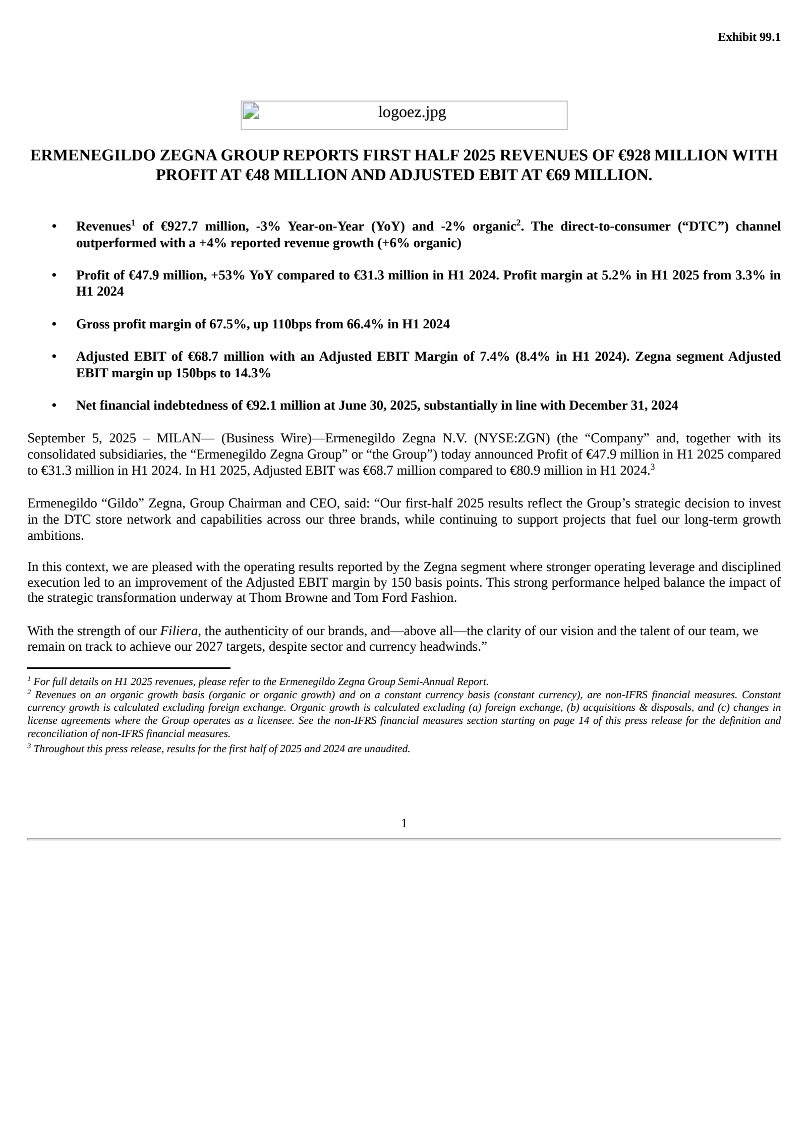 Ermenegildo Zegna's Q2 2025 Press Release