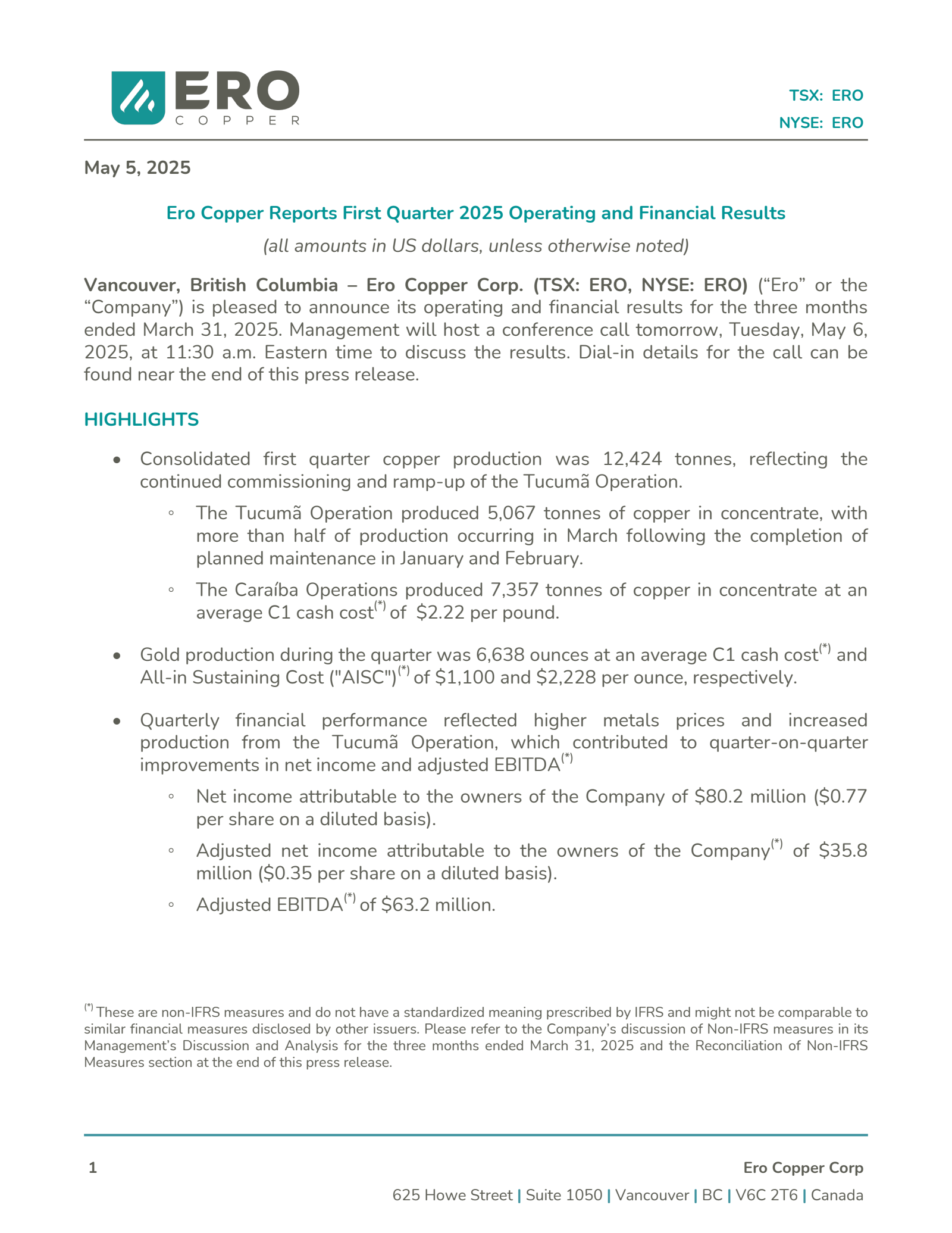 Ero Copper's Q1 2025 Press Release