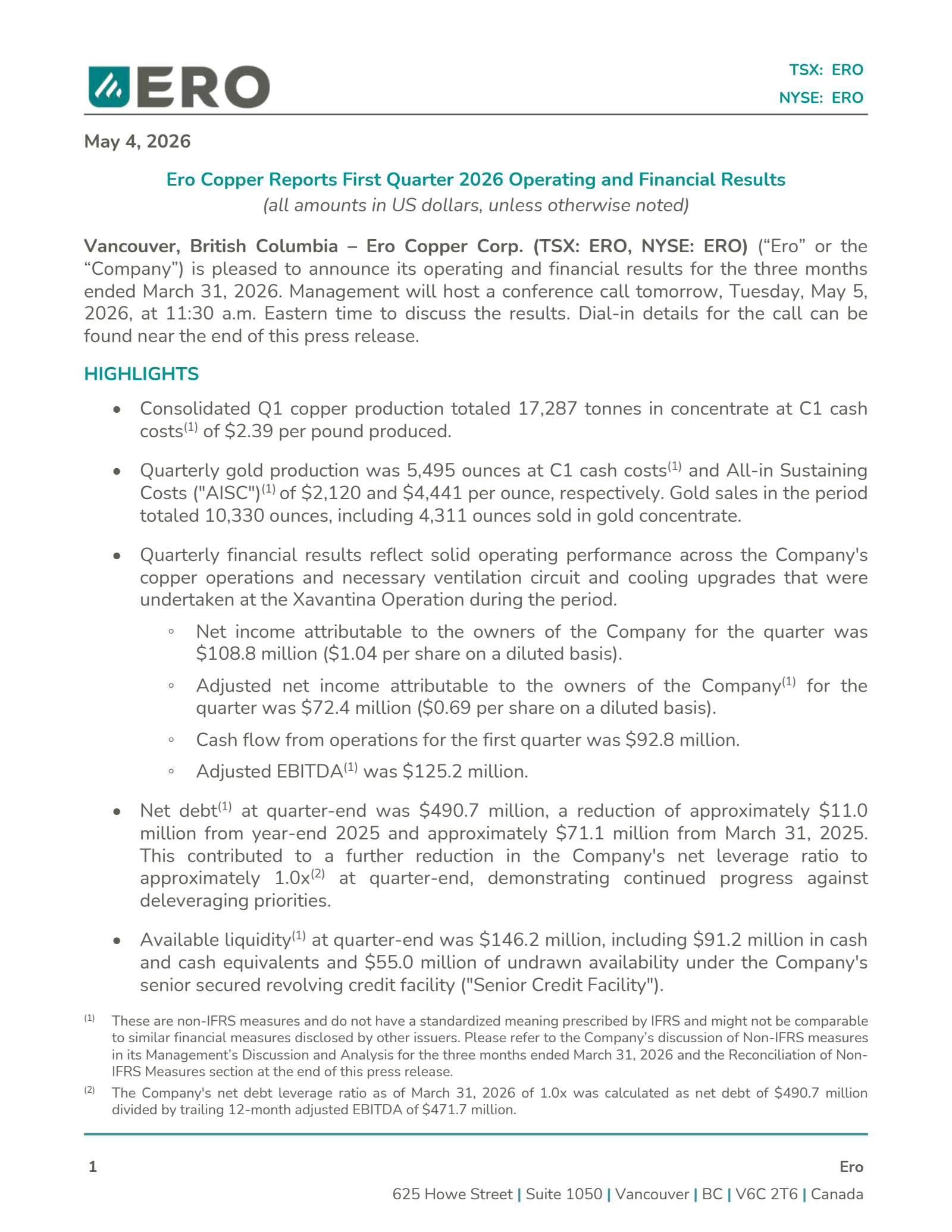 Ero Copper's Q1 2026 Press Release