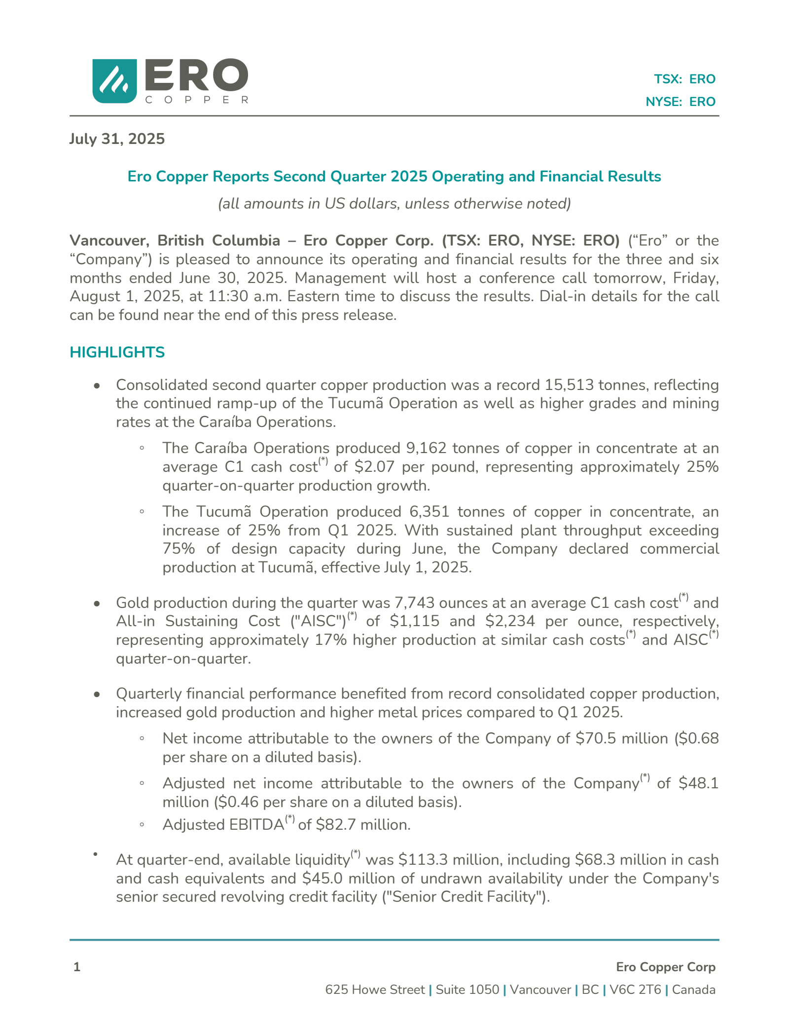 Ero Copper's Q2 2025 Press Release