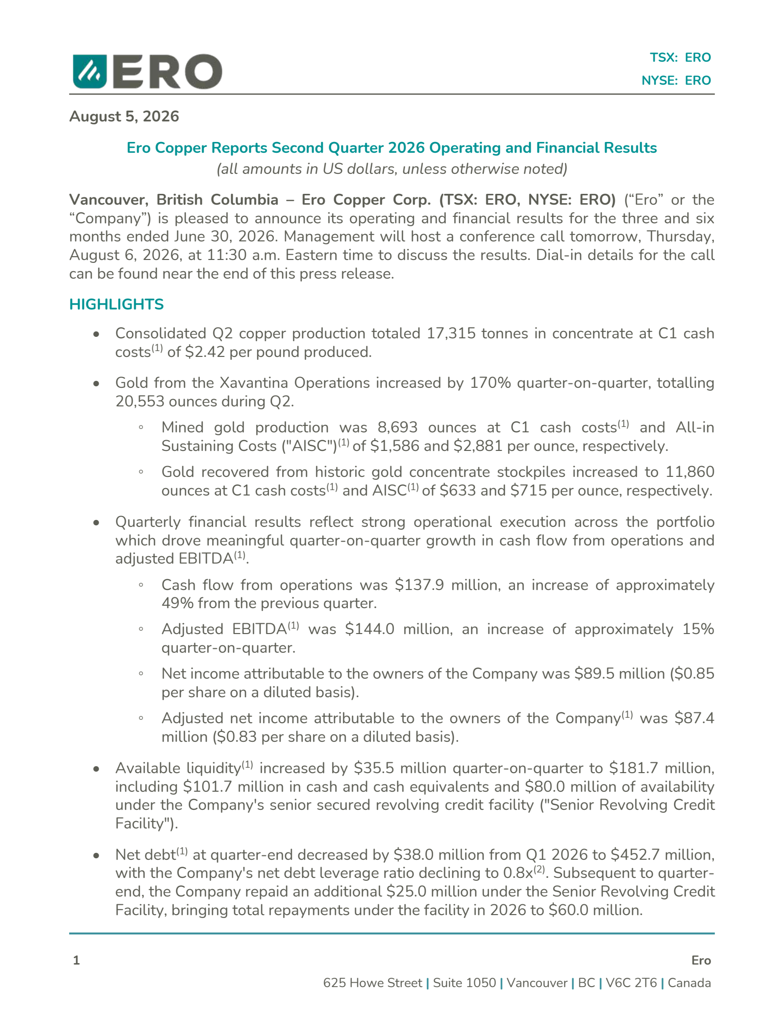 Ero Copper's Q2 2026 Press Release