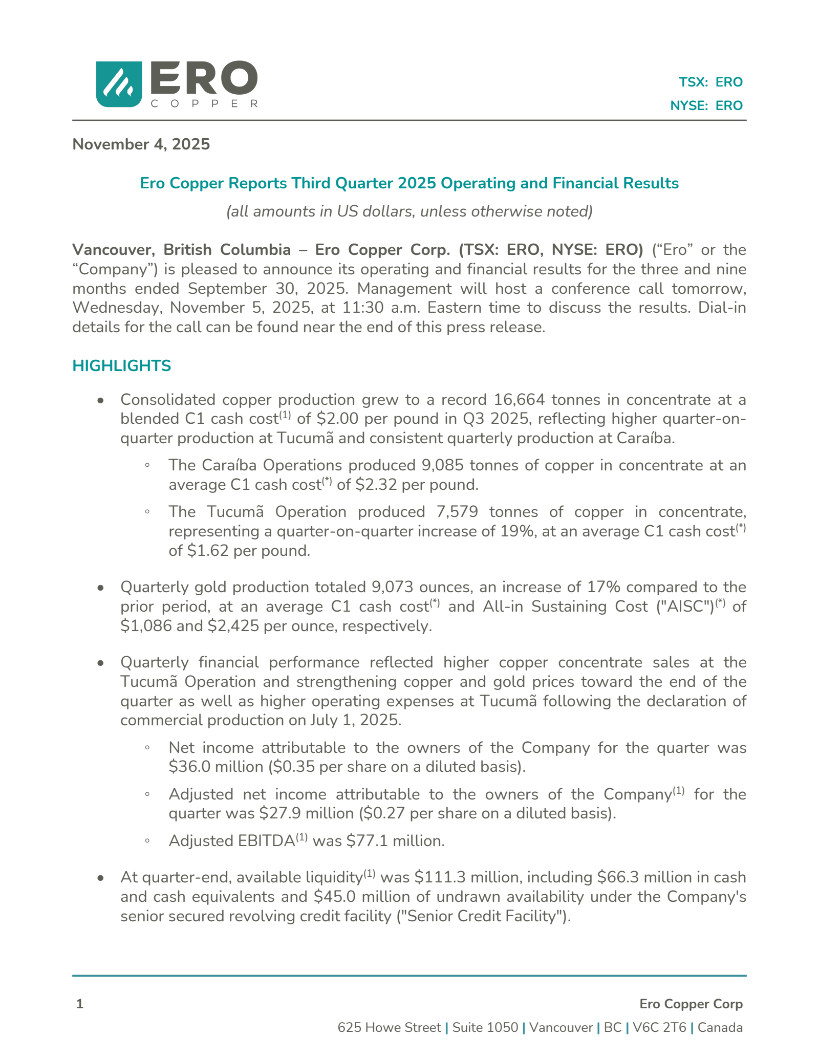 Ero Copper's Q3 2025 Earnings Release