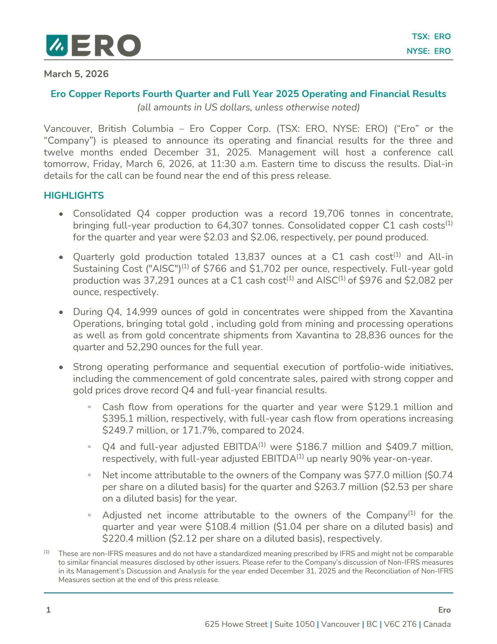 Ero Copper's Q4 2025 Press Release