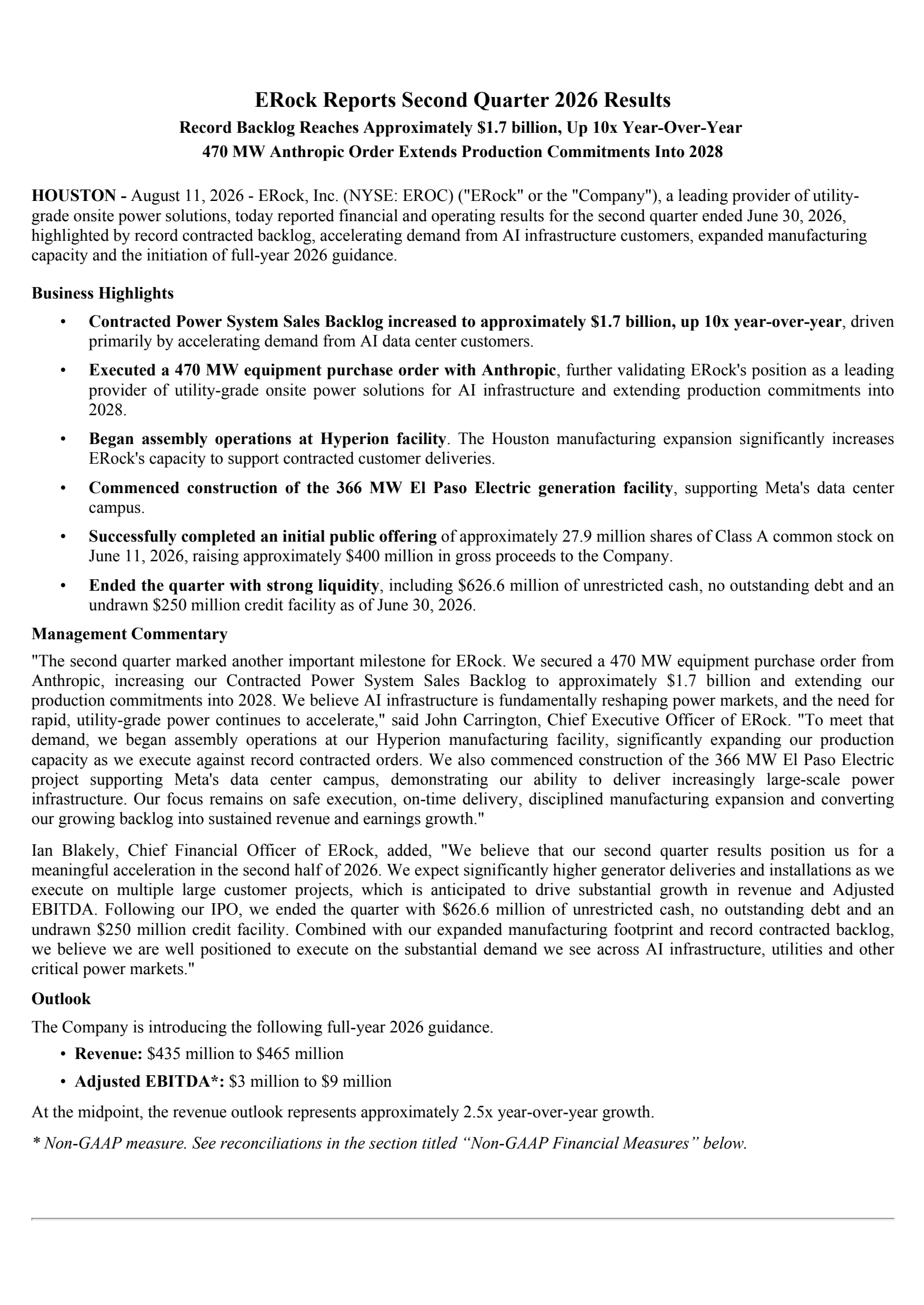 ERock's Q2 2026 Press Release