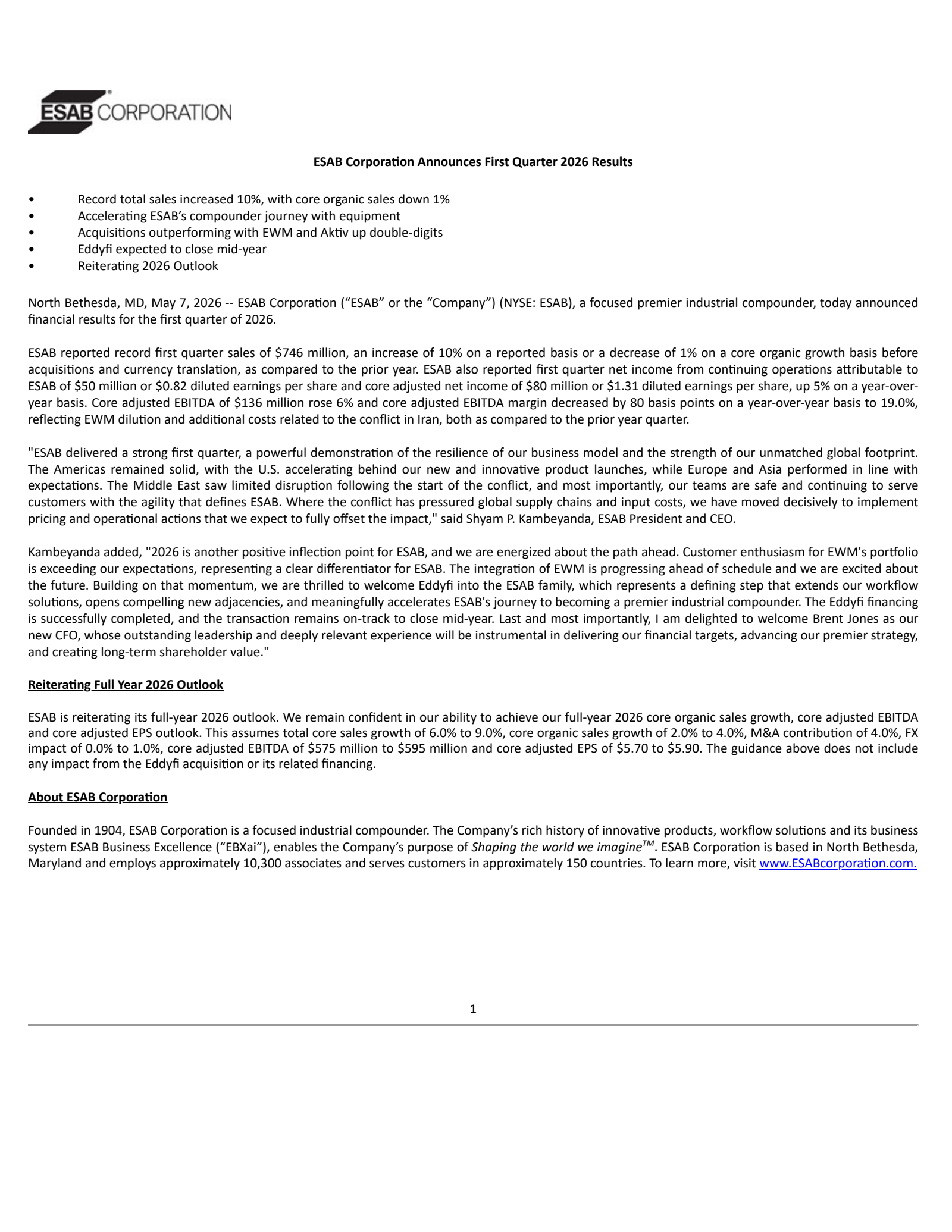 ESAB's Q1 2026 Press Release