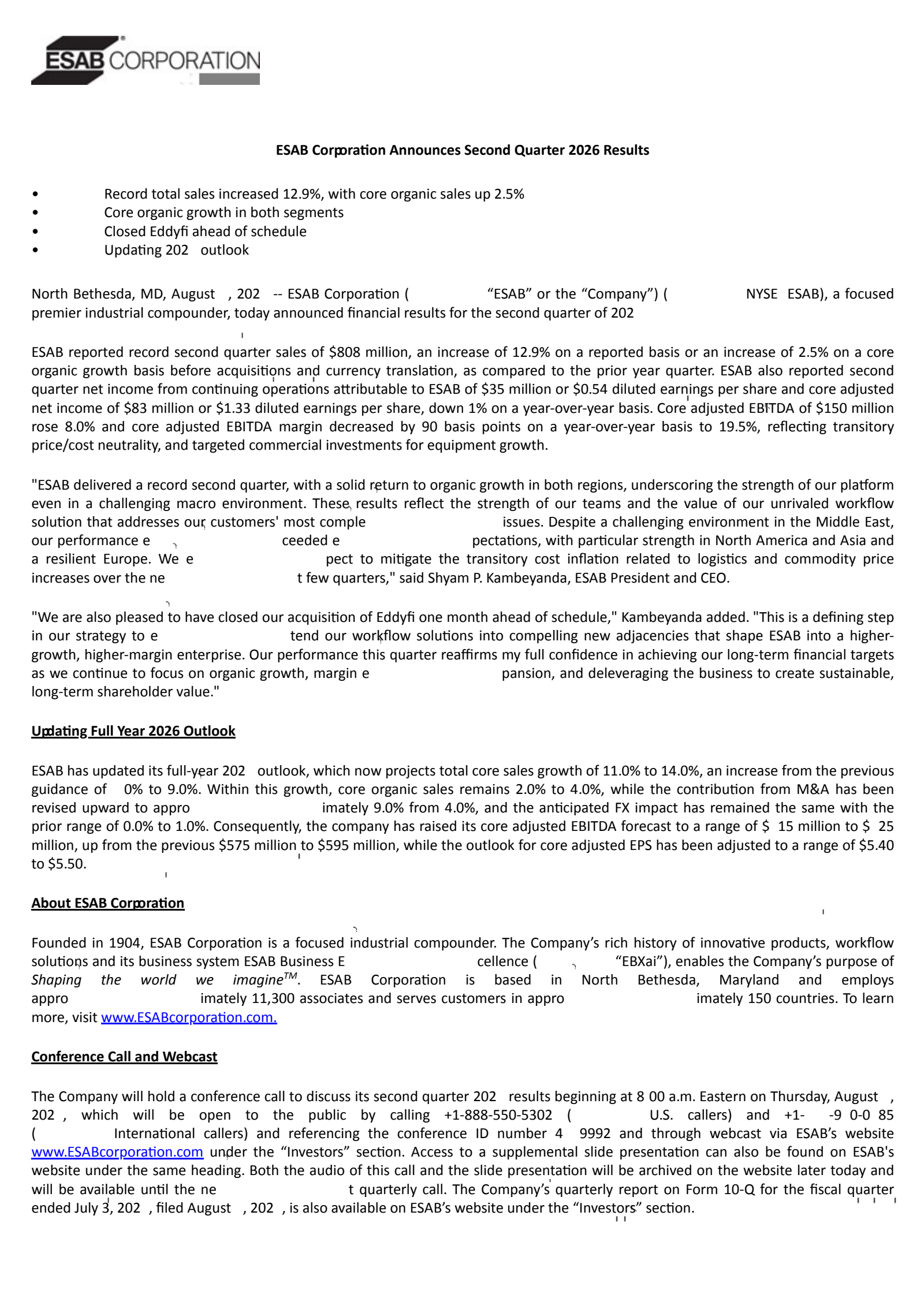 ESAB's Q2 2026 Press Release