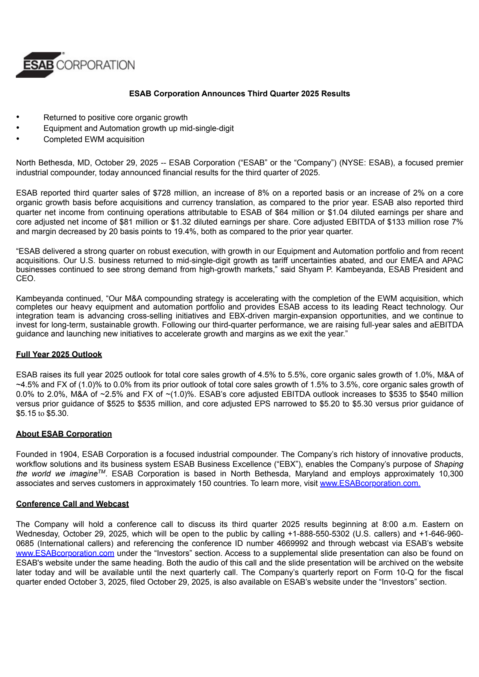 ESAB's Q3 2025 Earnings Release