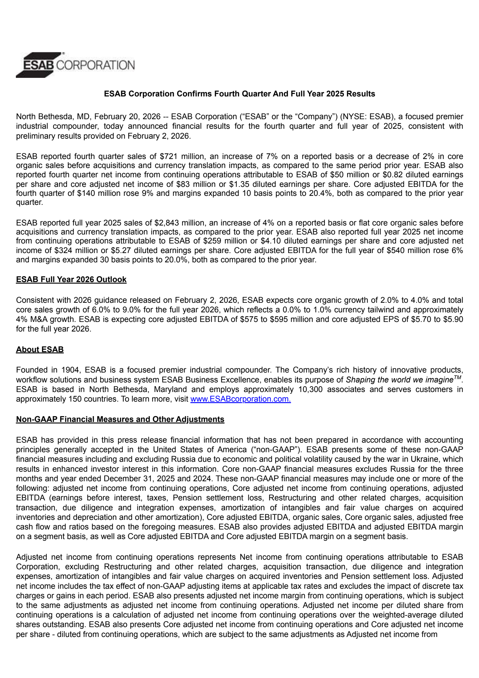 ESAB's Q4 2025 Press Release