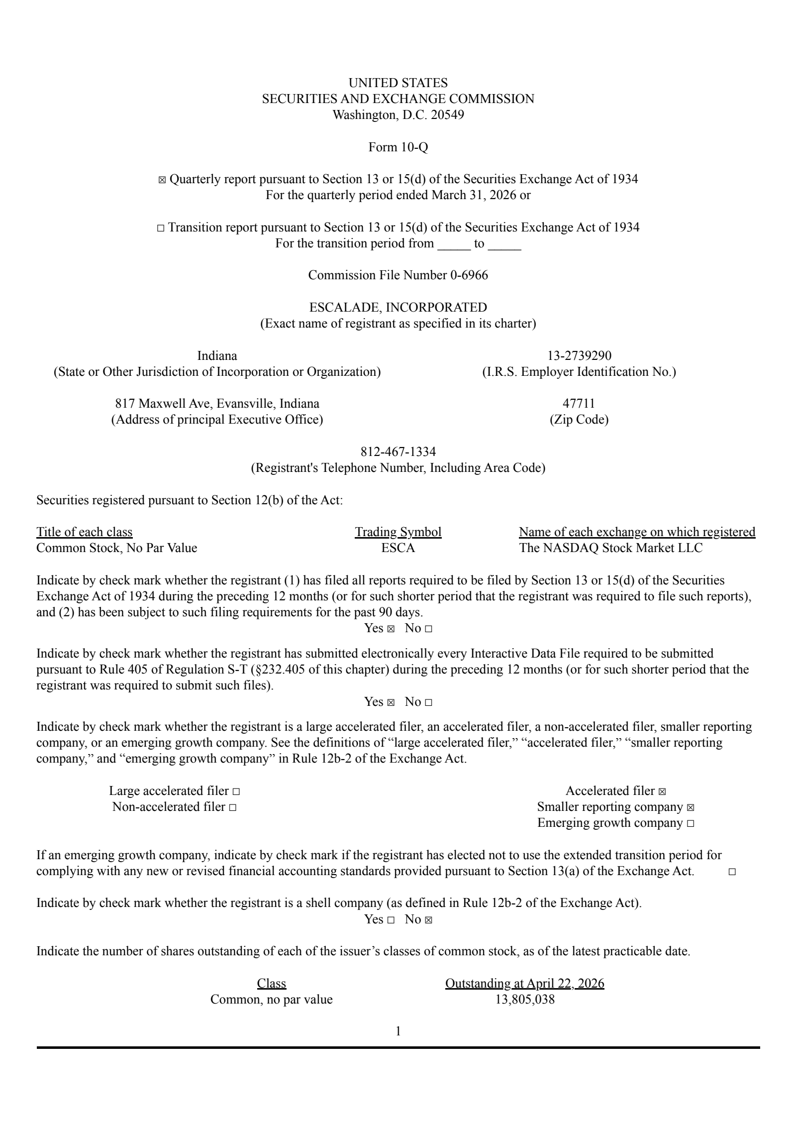 Escalade's Q1 2026 Quarterly report