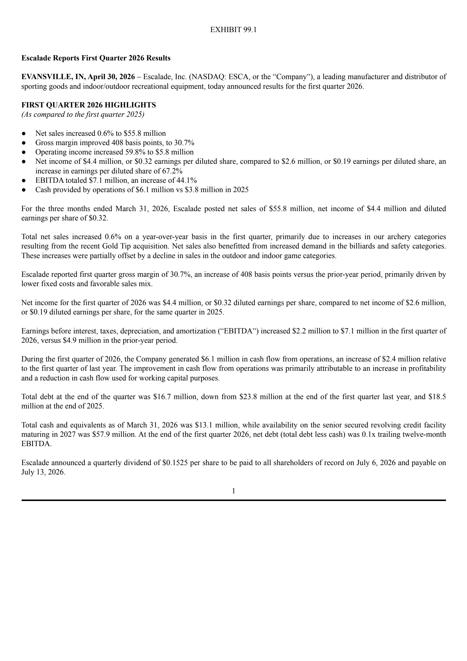 Escalade's Q1 2026 Press Release