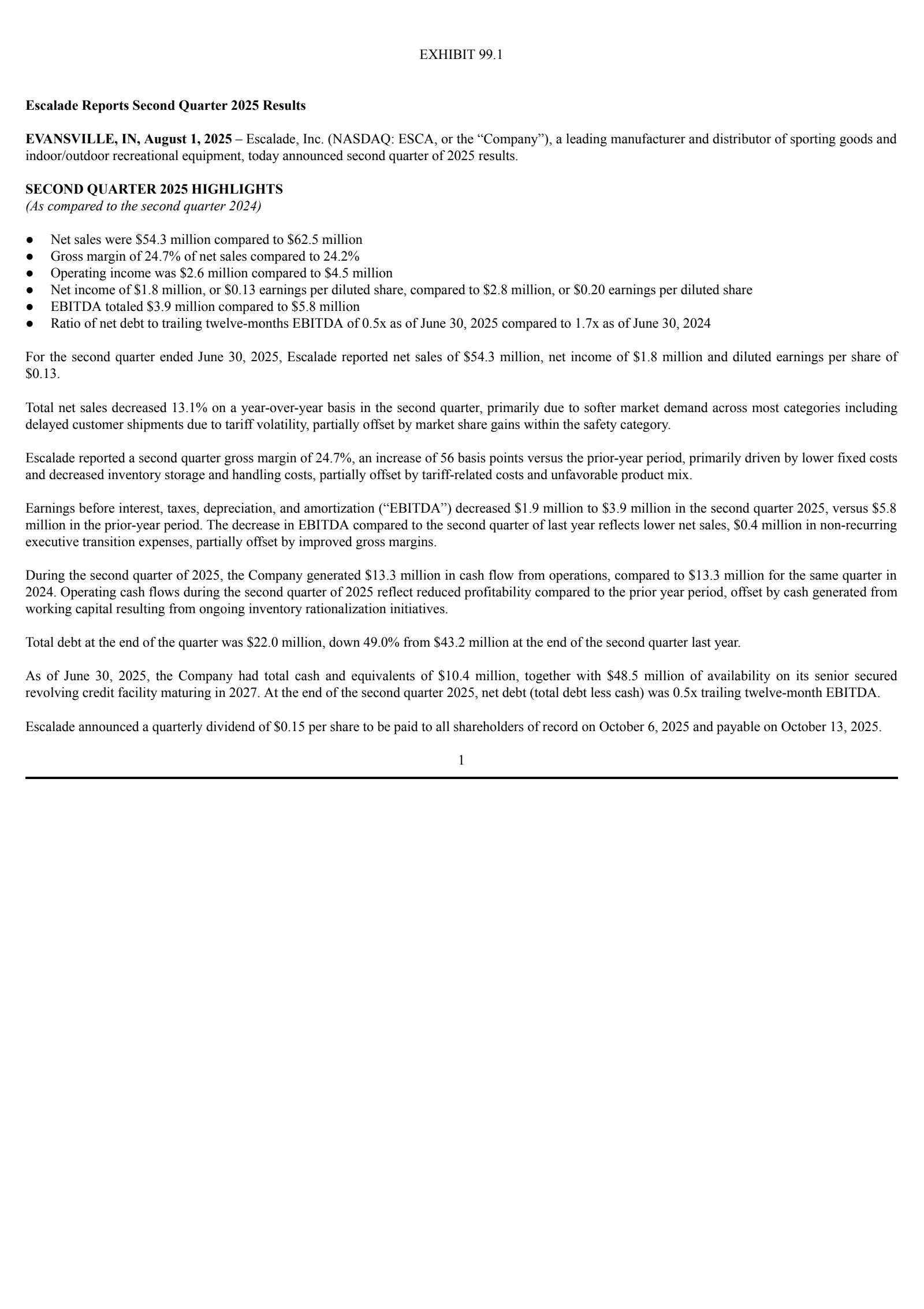 Escalade's Q2 2025 Press Release
