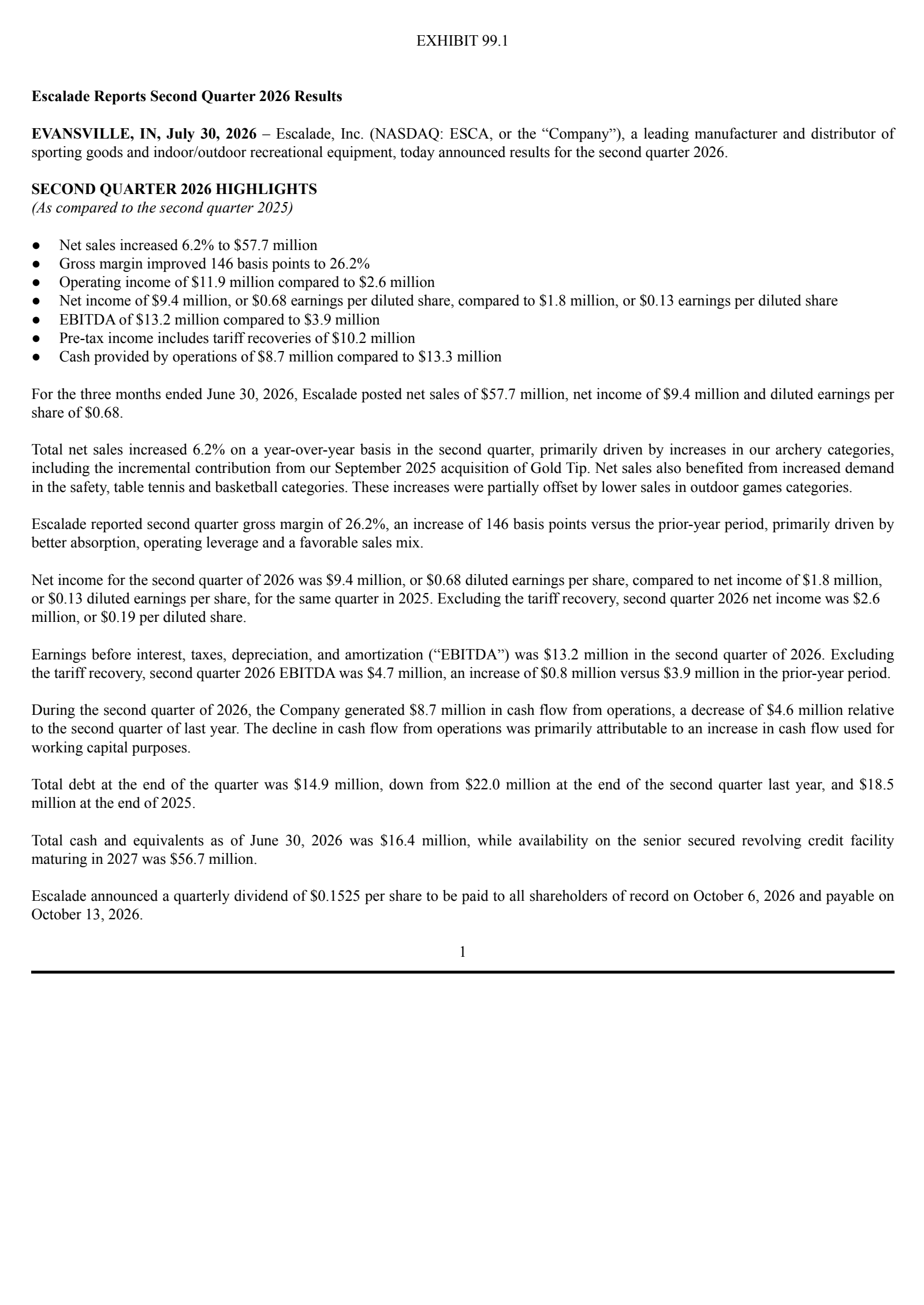 Escalade's Q2 2026 Press Release