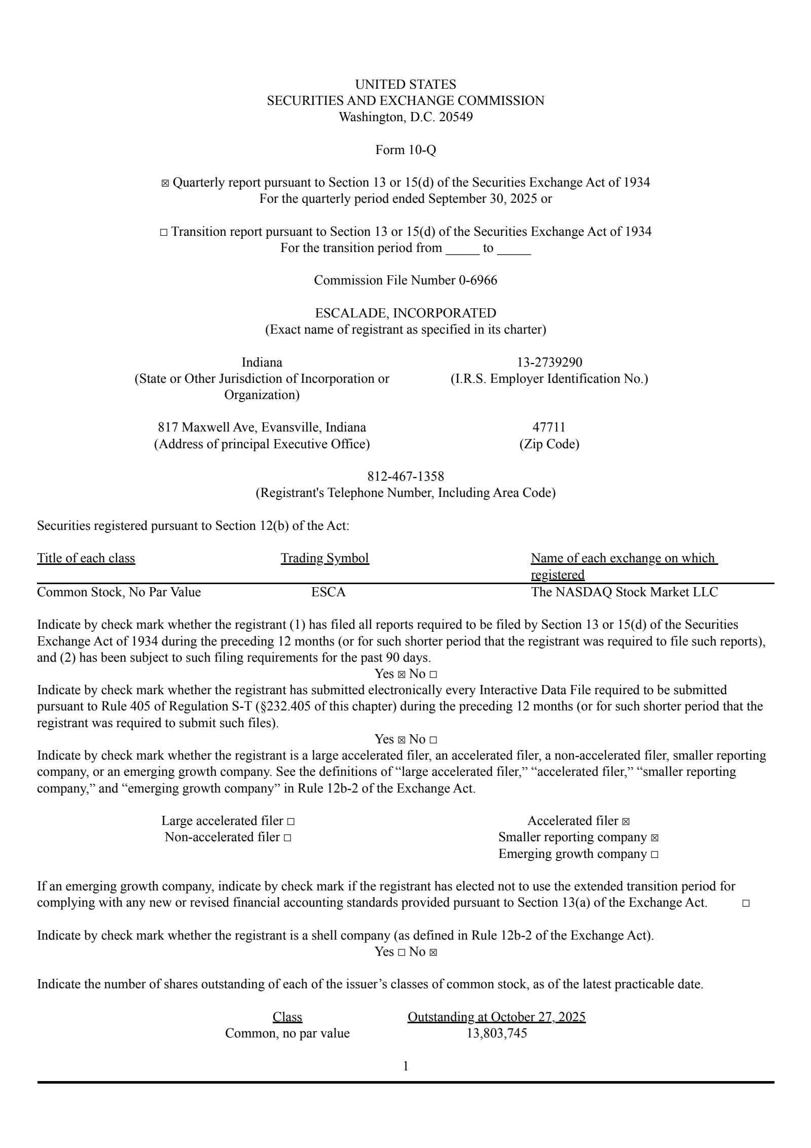 Escalade's Q3 2025 Quarterly Report
