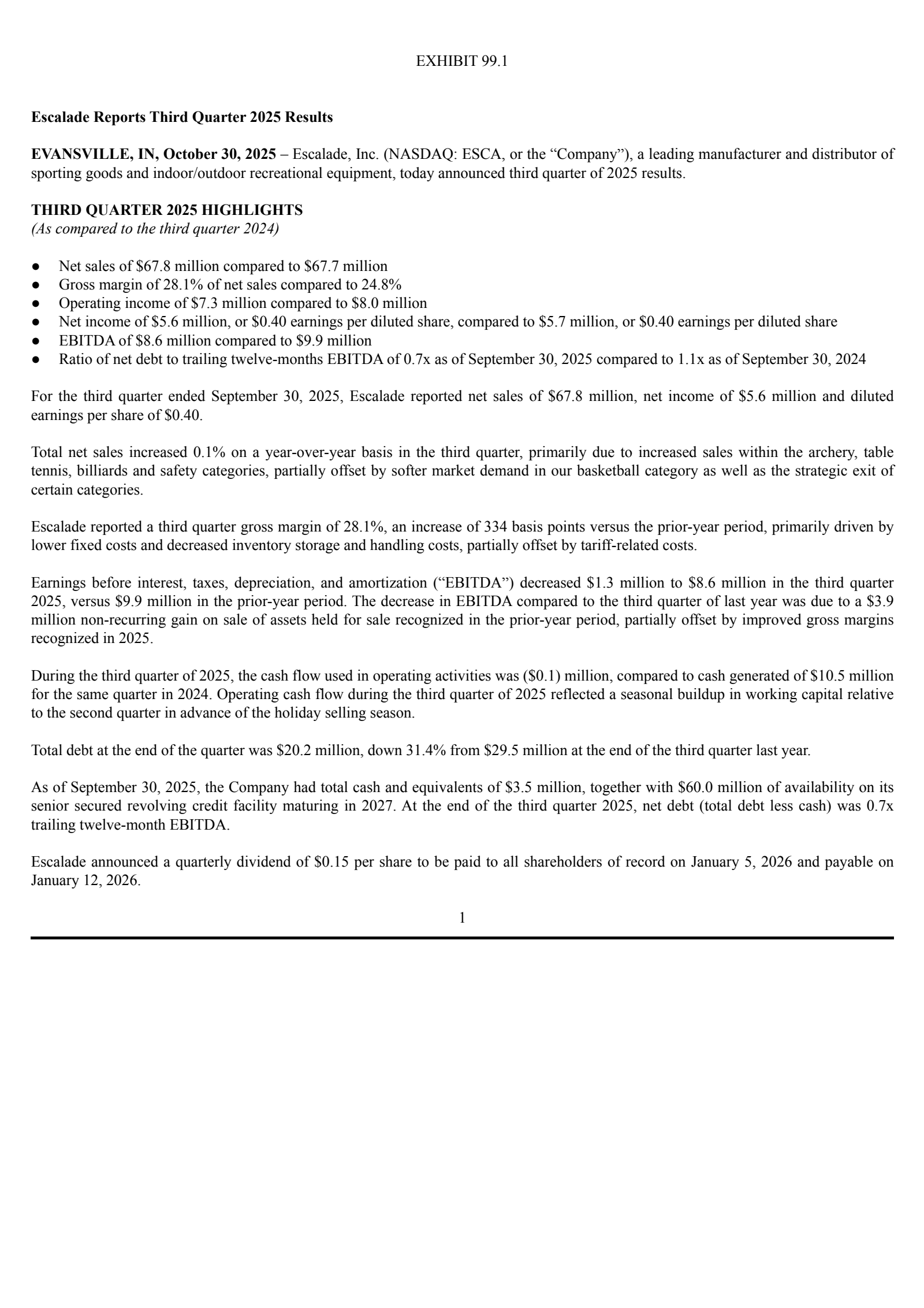 Escalade's Q3 2025 Earnings Release