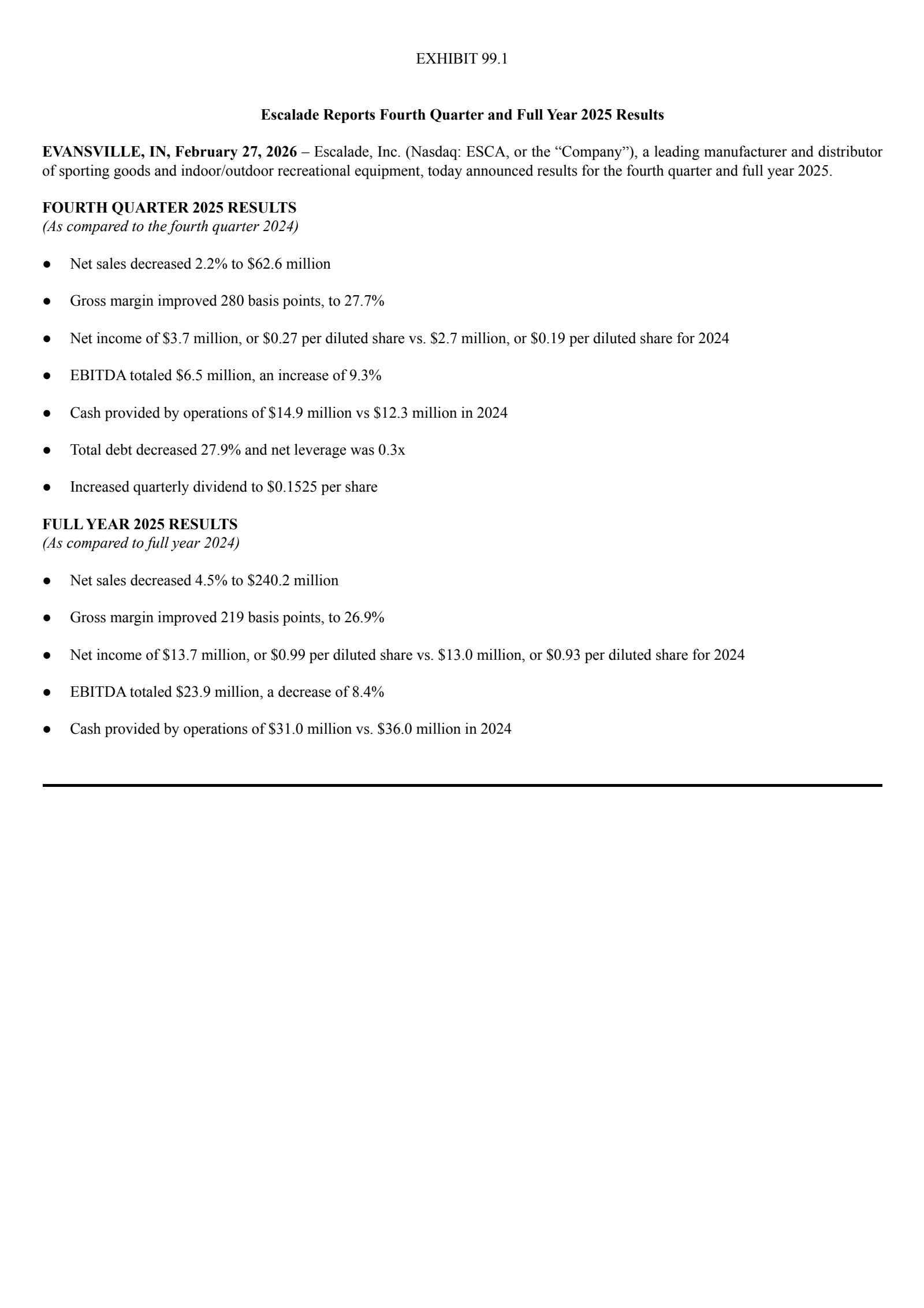 Escalade's Q4 2025 Press Release