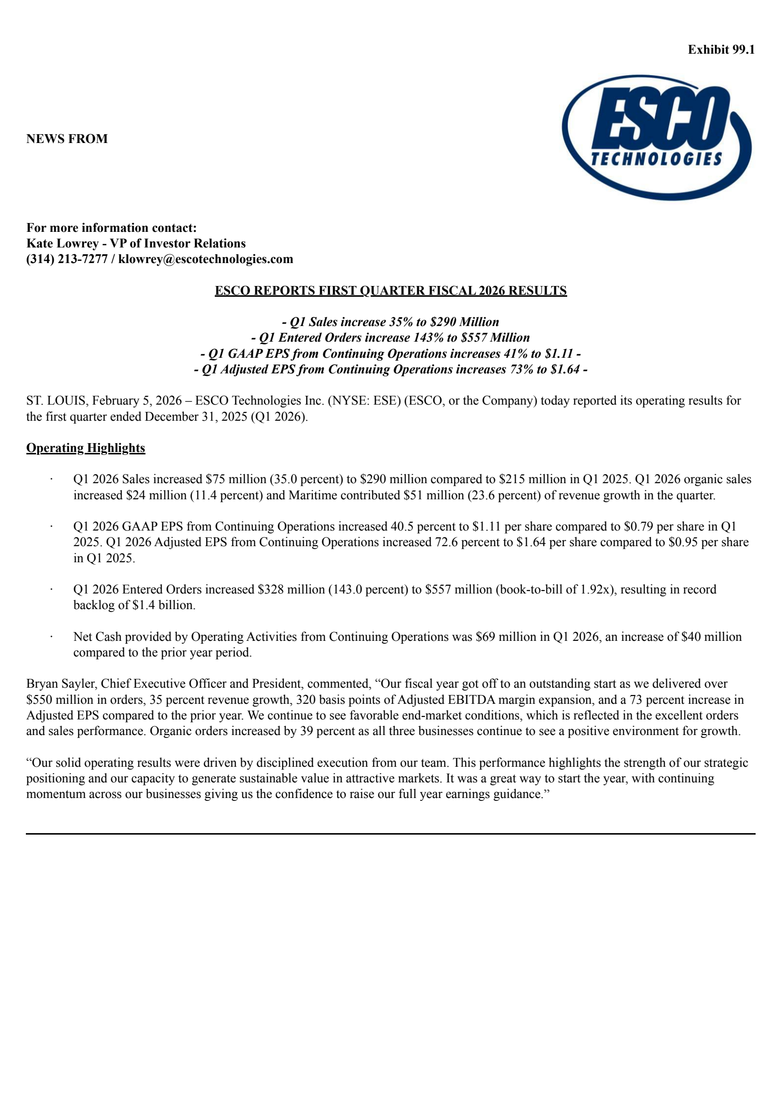ESCO Technologies' Q1 2026 Press Release