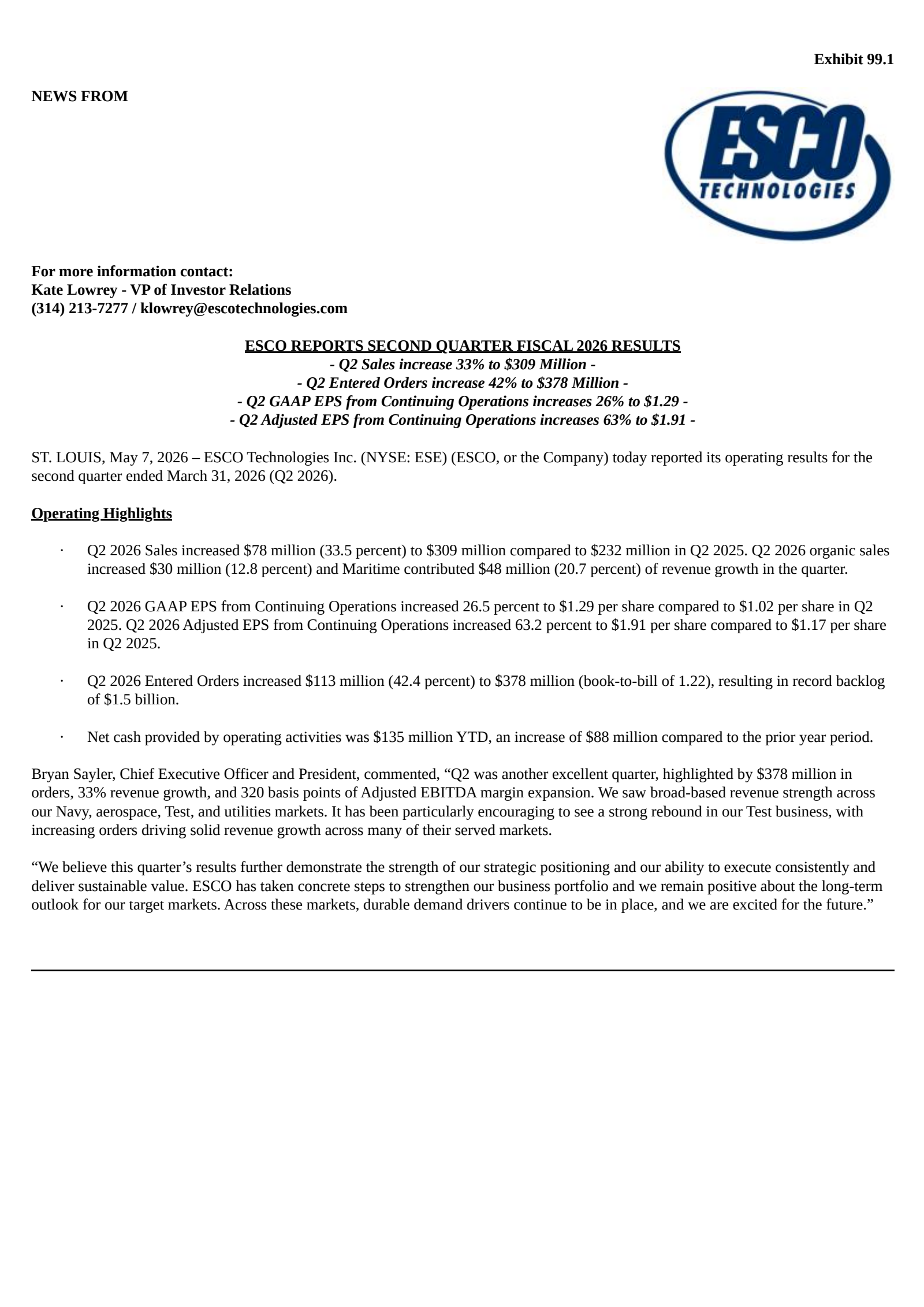 ESCO Technologies' Q2 2026 Press Release