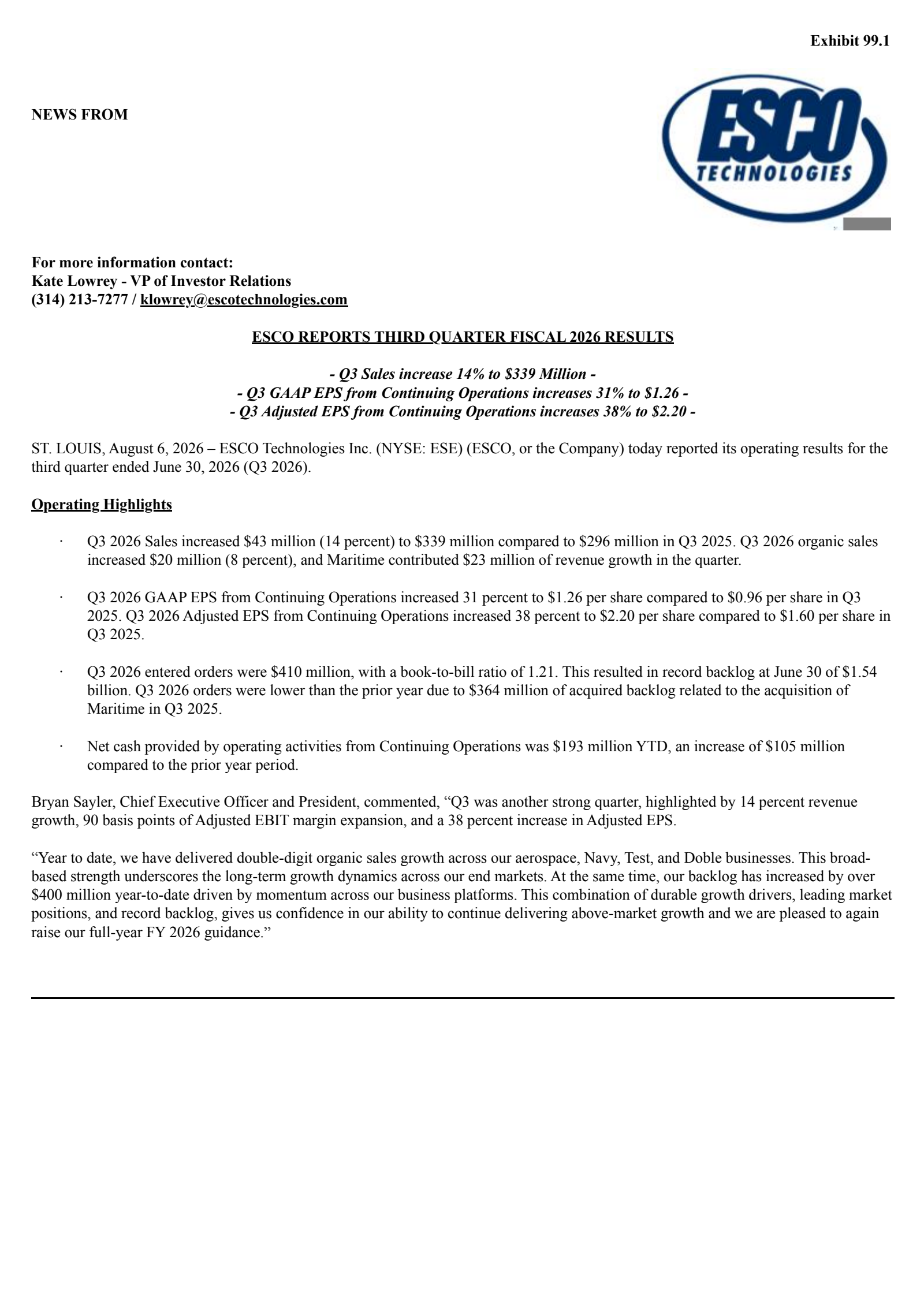 ESCO Technologies' Q3 2026 Press Release