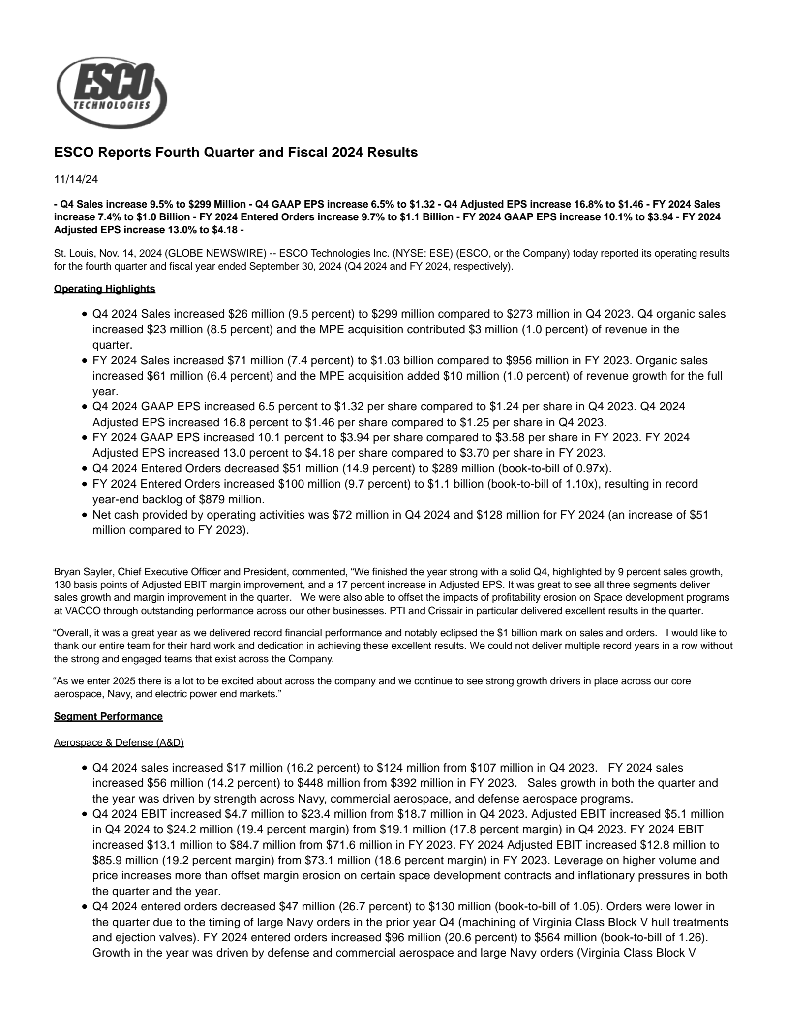 ESCO Technologies' Q4 2024 Press Release