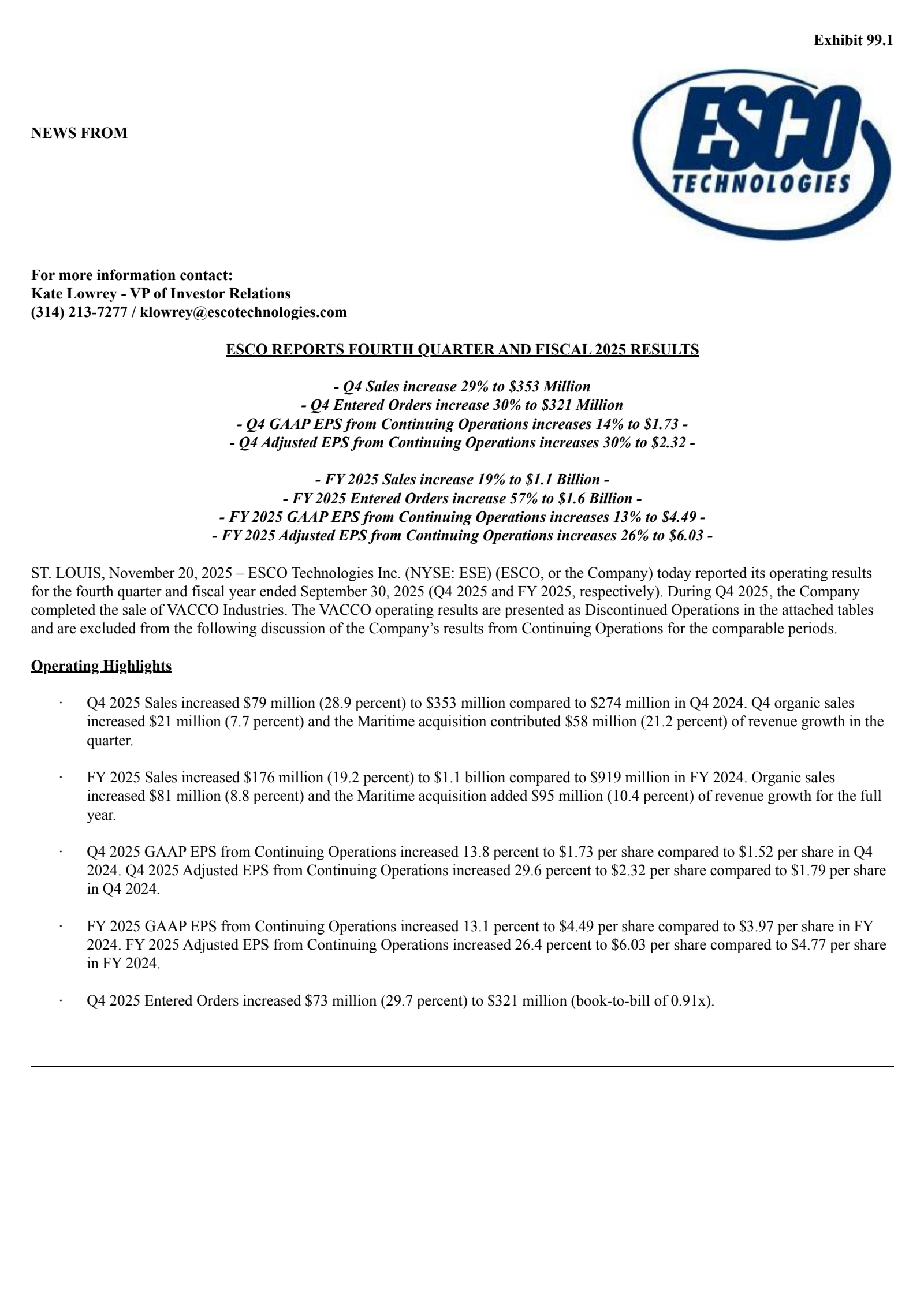 ESCO Technologies' Q4 2025 Earnings Release