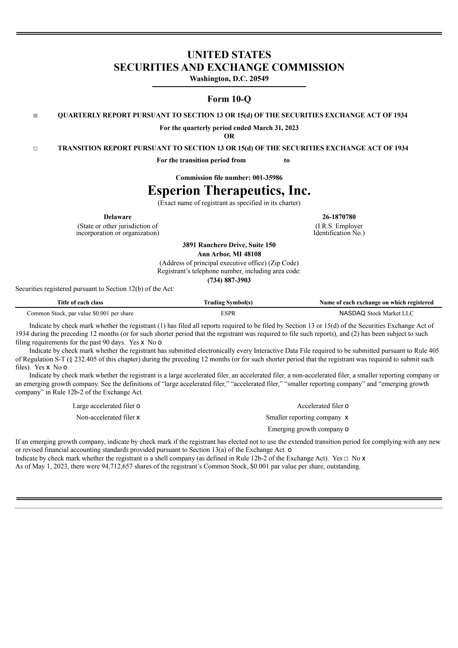 Esperion Therapeutics' Q1 2023 Quarterly report