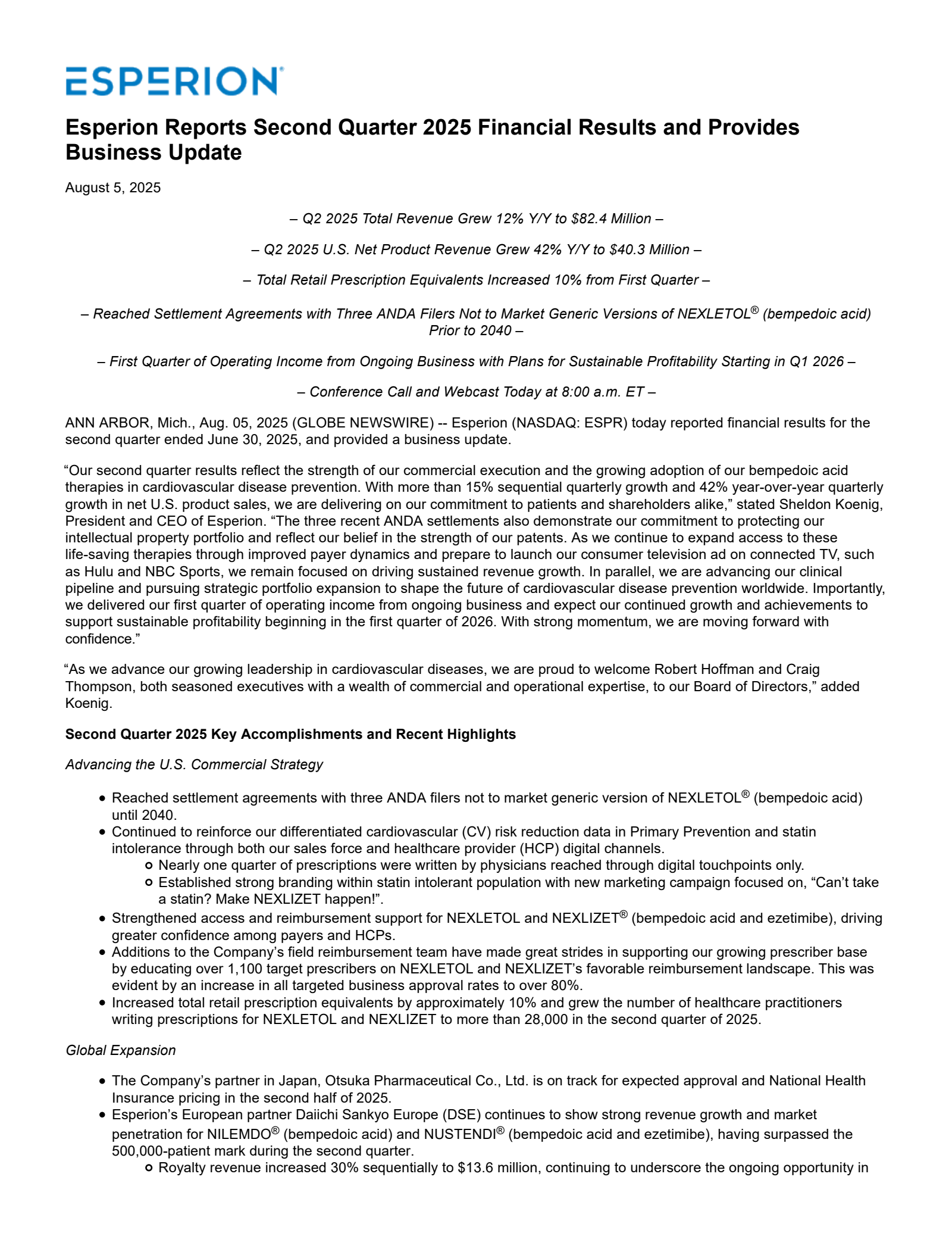 Esperion Therapeutics' Q2 2025 Press Release