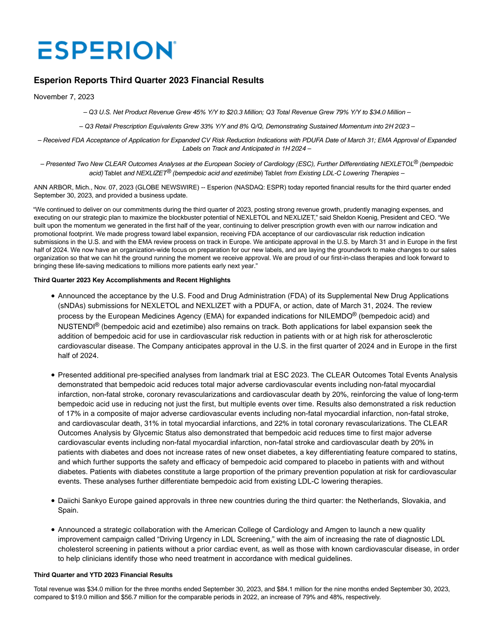 Esperion Therapeutics' Q3 2023 Press Release