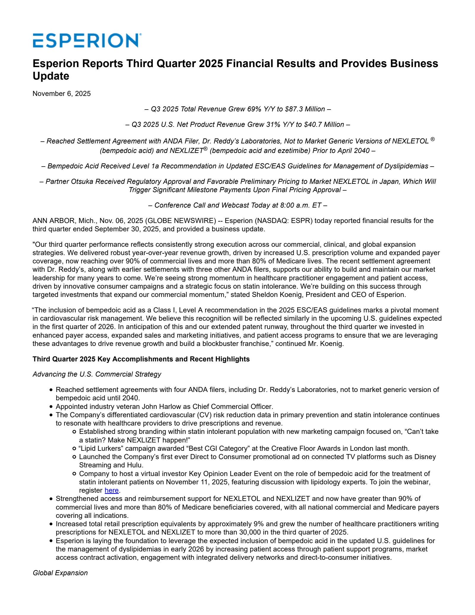 Esperion Therapeutics' Q3 2025 Earnings Release