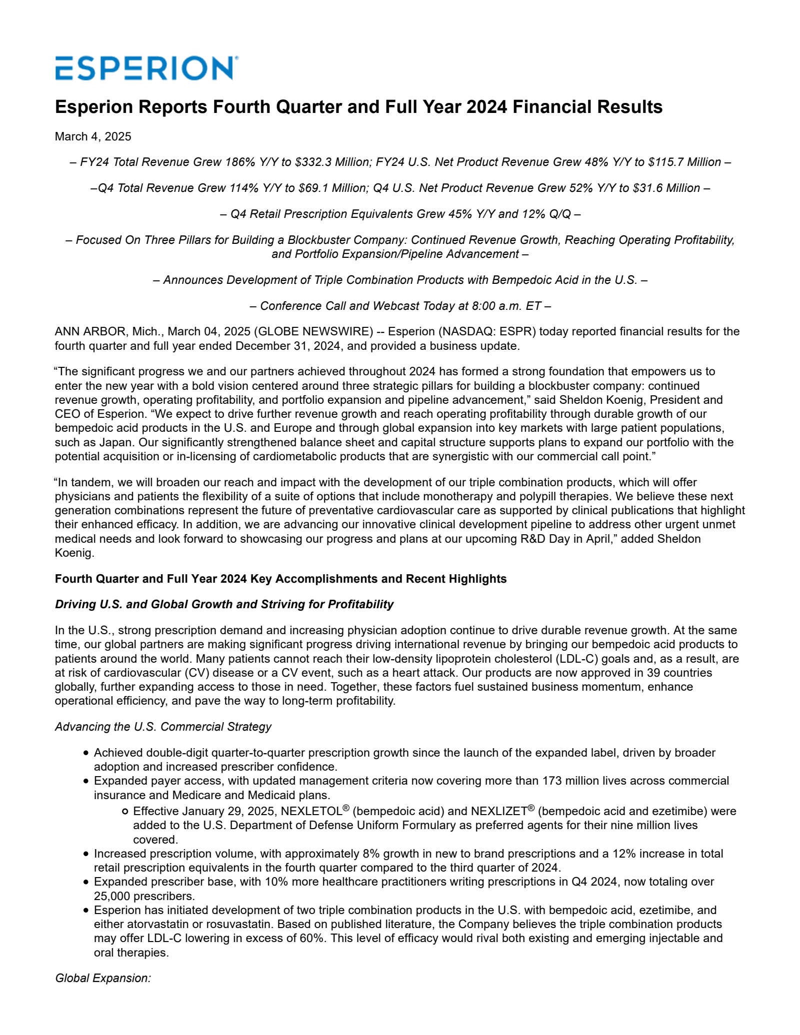 Esperion Therapeutics' Q4 2024 Press Release