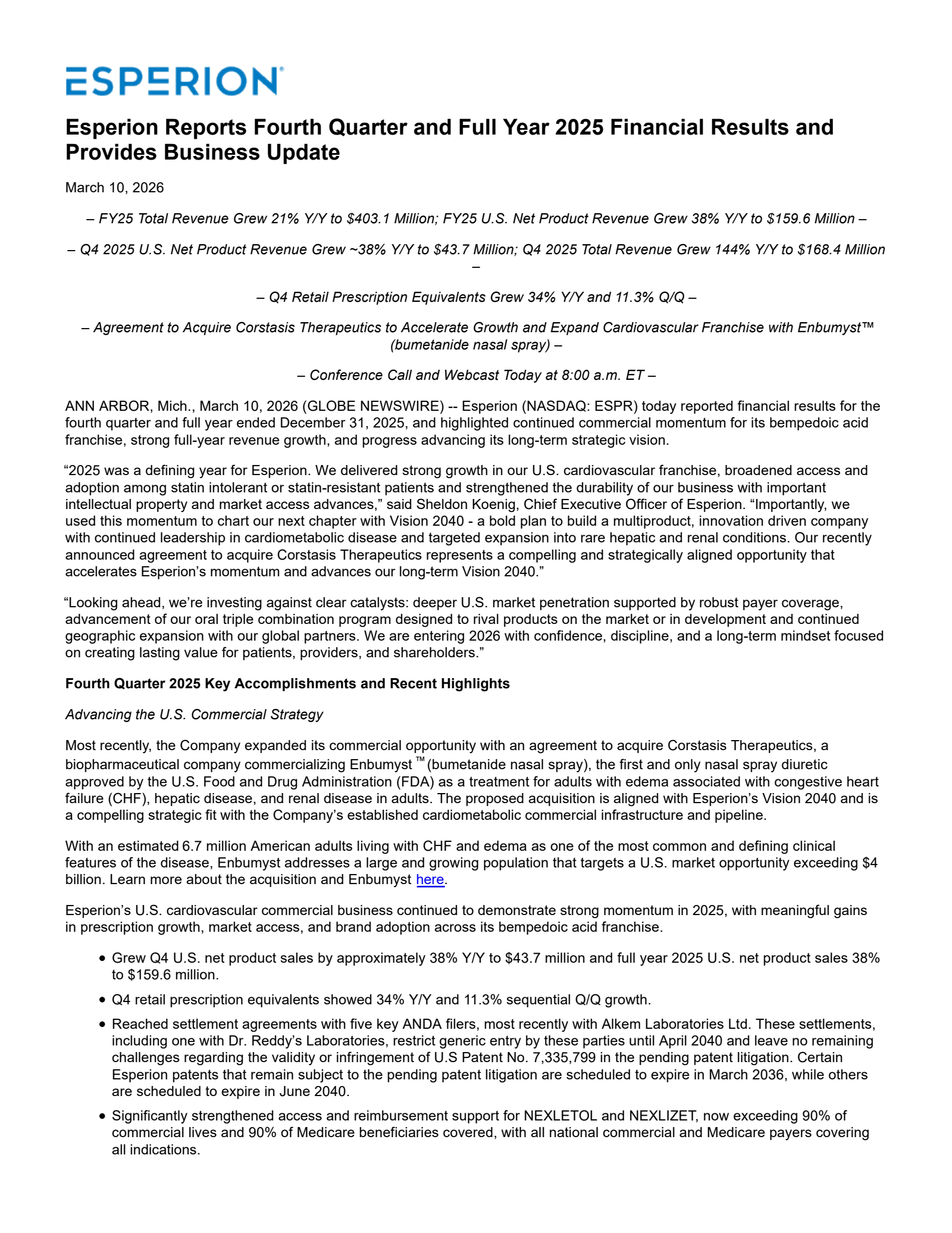 Esperion Therapeutics' Q4 2025 Press Release