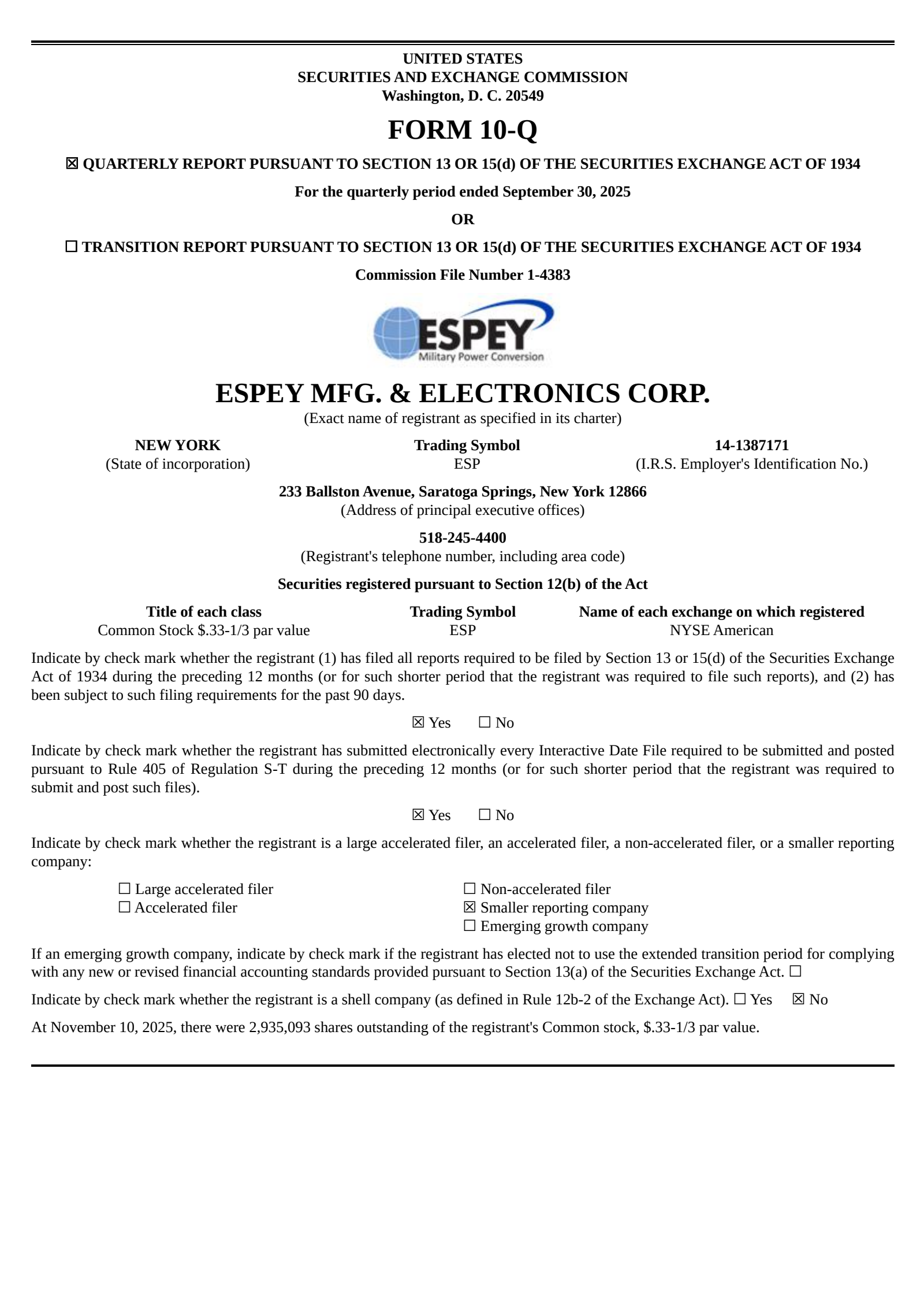 Espey Mfg. & Electronics' Q1 2026 Quarterly report