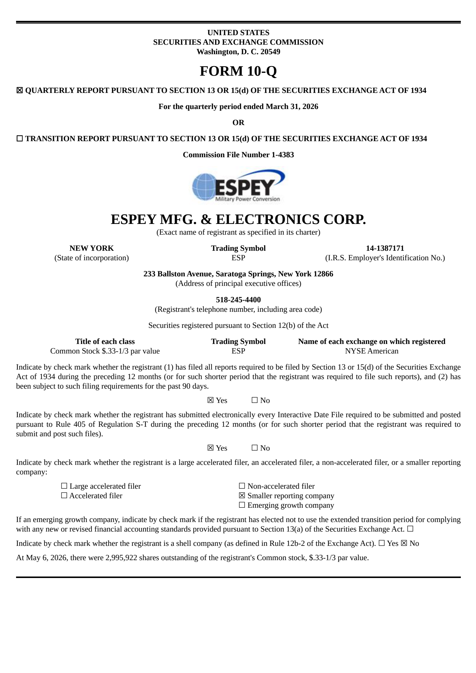 Espey Mfg. & Electronics' Q3 2026 Quarterly report