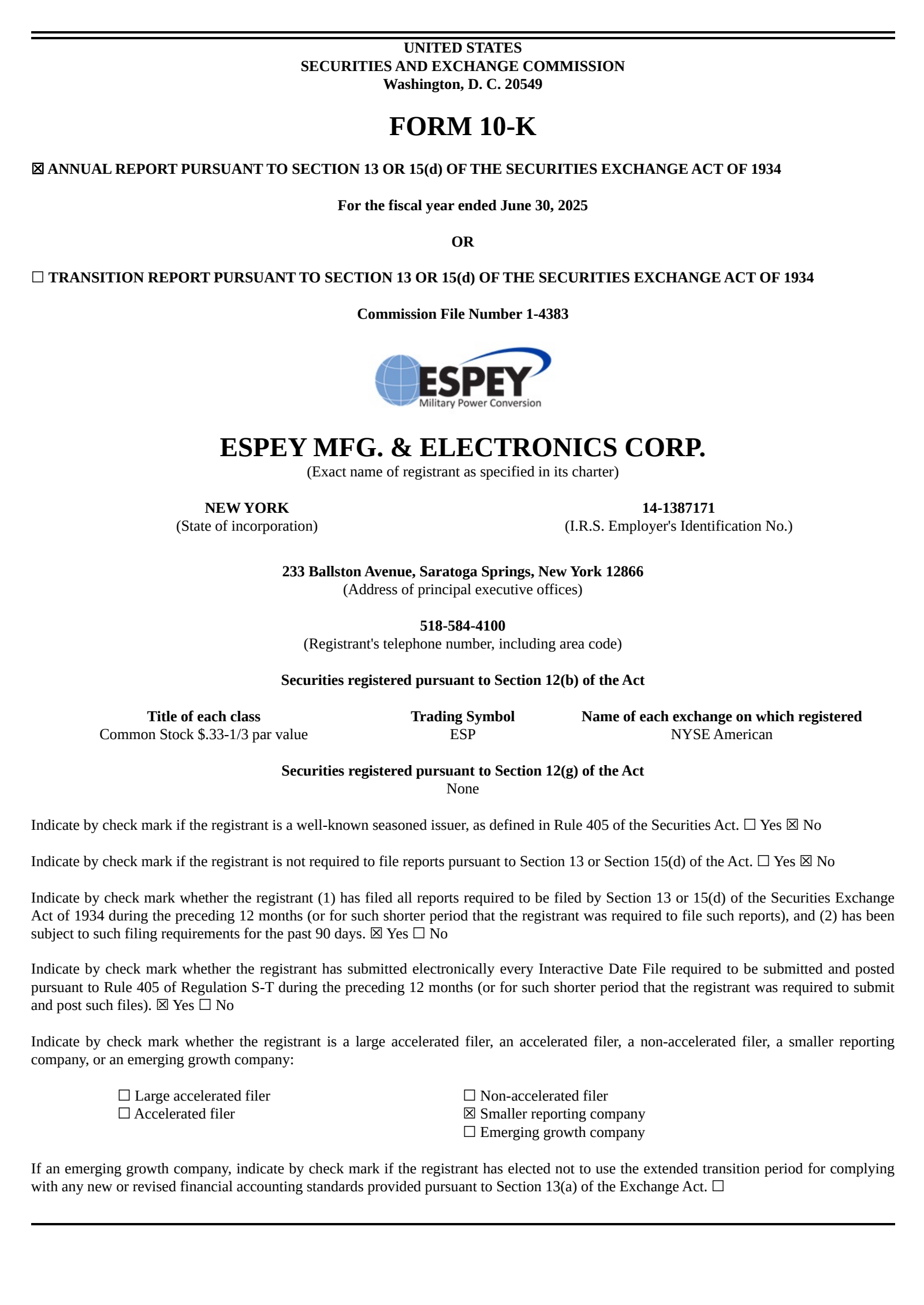 Espey Mfg. & Electronics' Q4 2025 Annual report