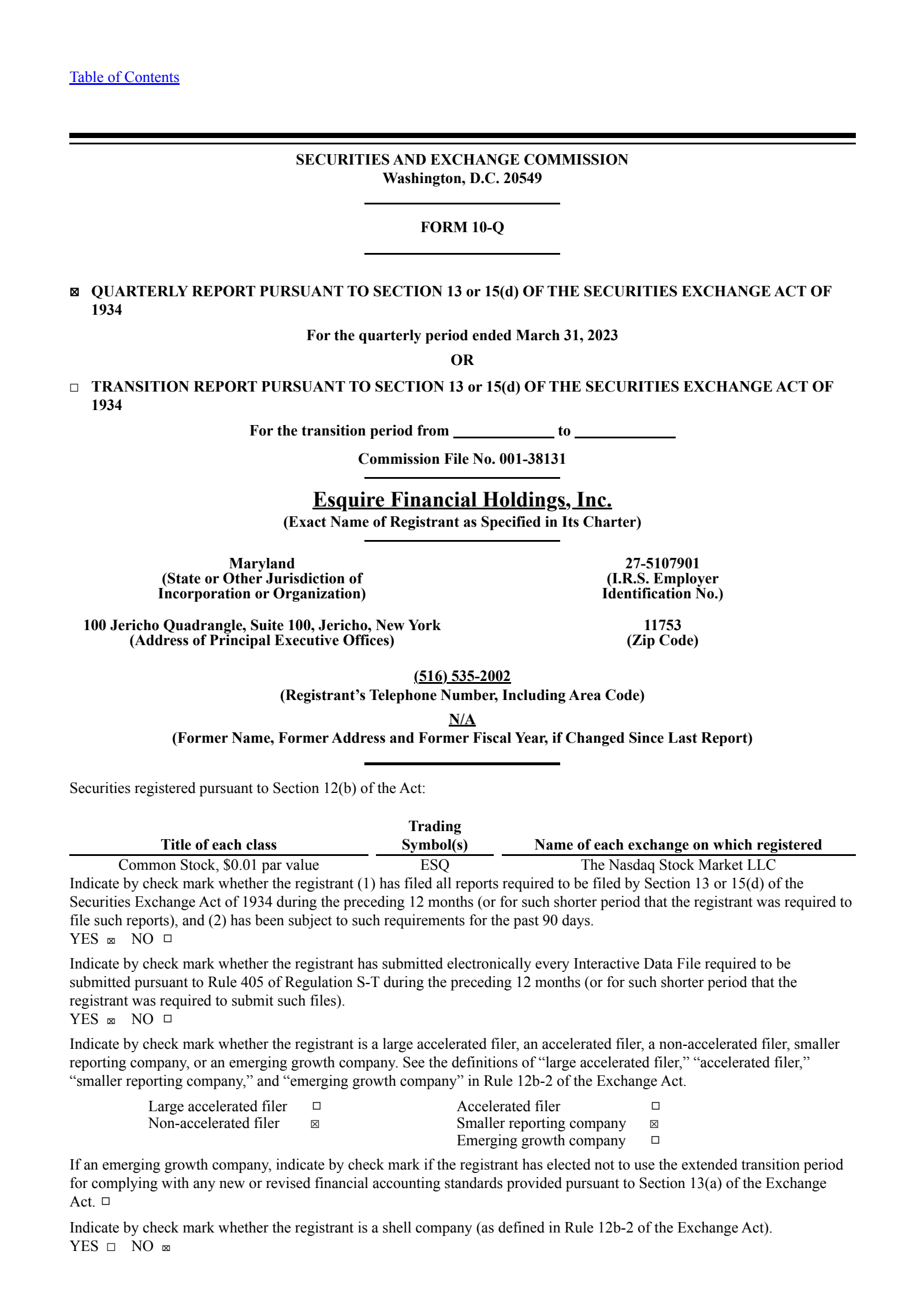 Esquire Financial's Q1 2023 Quarterly report