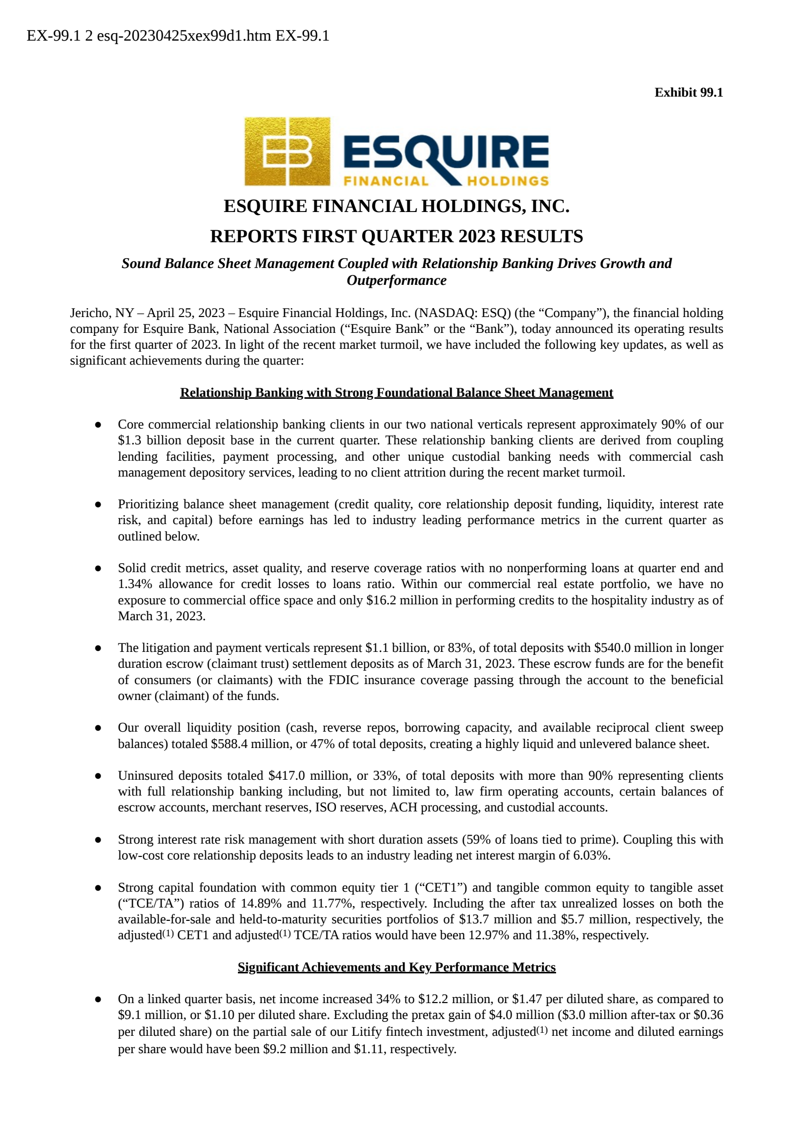 Esquire Financial's Q1 2023 Press Release