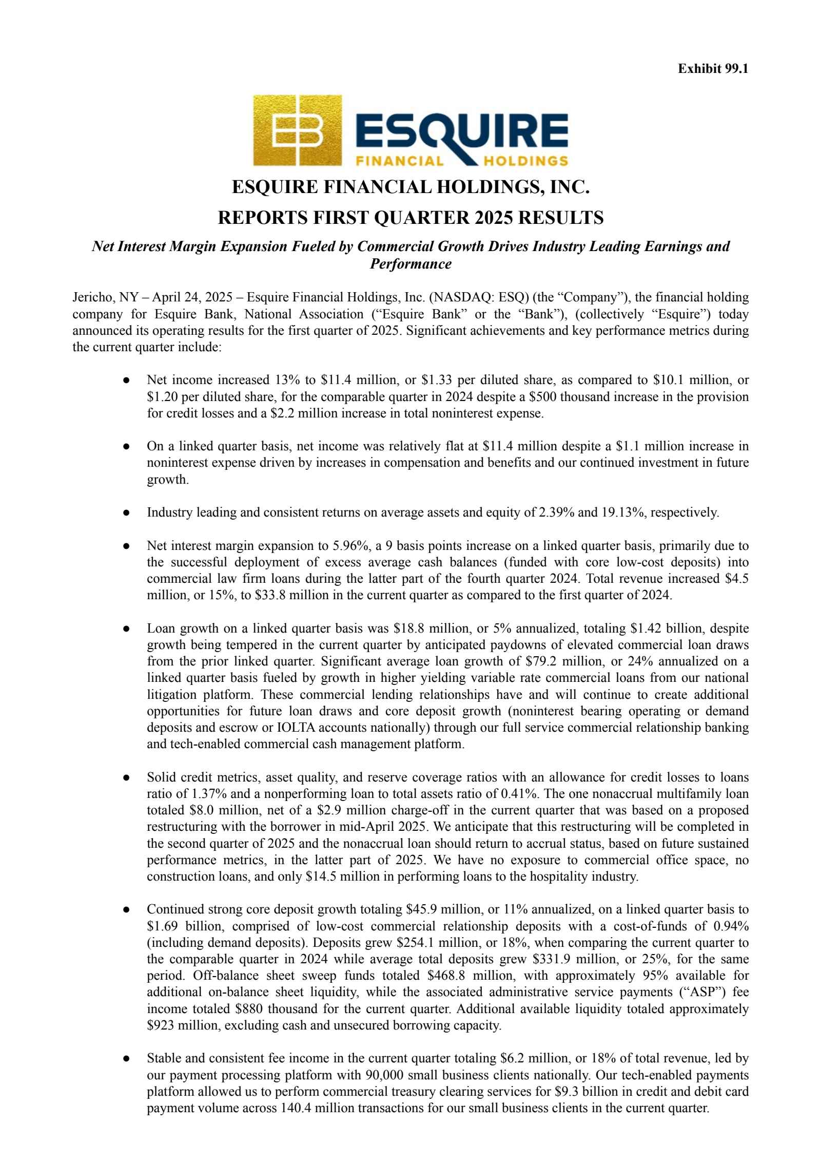 Esquire Financial's Q1 2025 Press Release