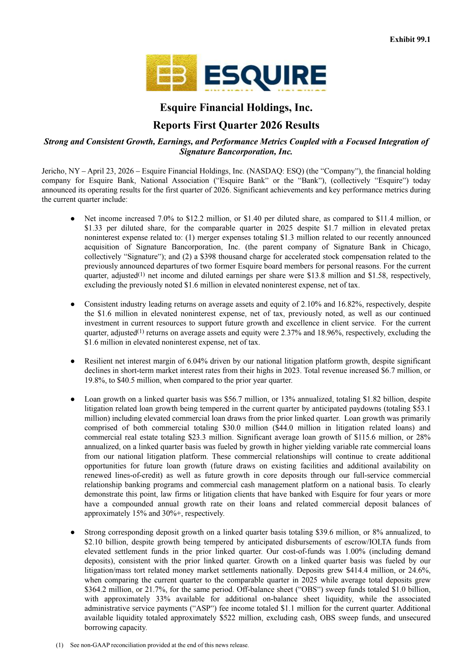 Esquire Financial's Q1 2026 Press Release