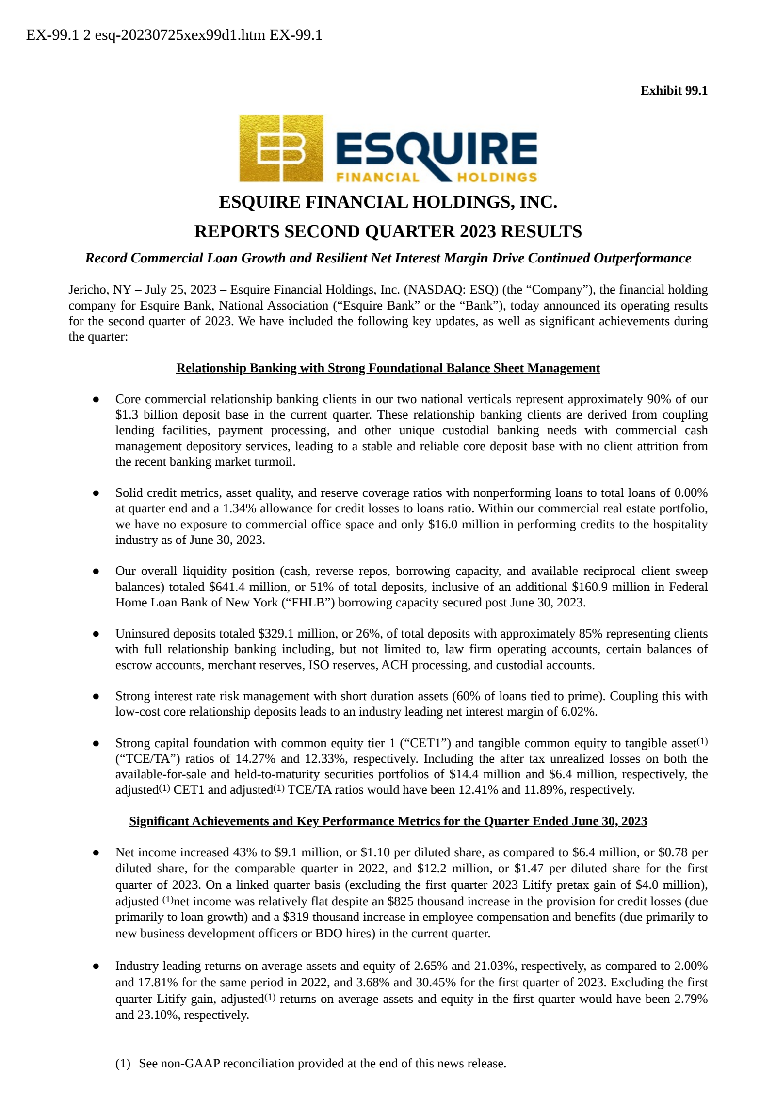 Esquire Financial's Q2 2023 Press Release