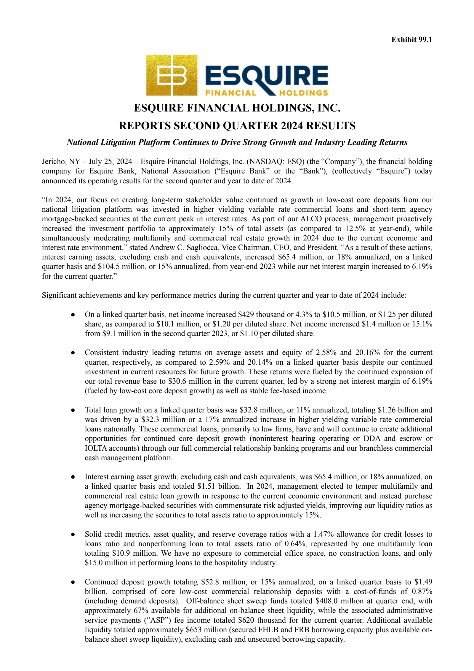 Esquire Financial's Q2 2024 Press Release
