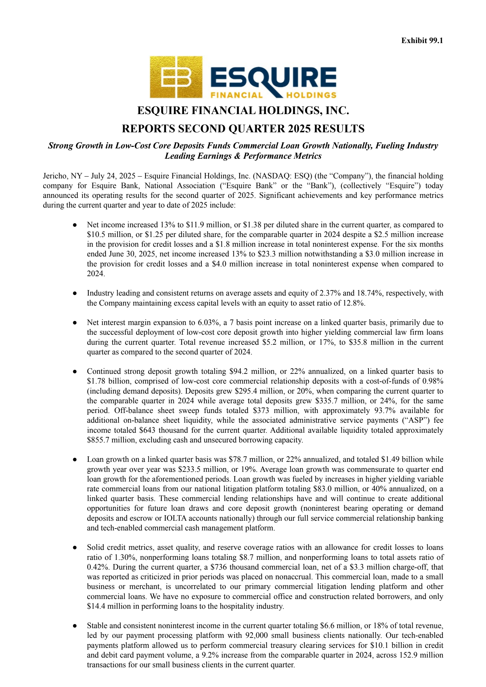Esquire Financial's Q2 2025 Press Release