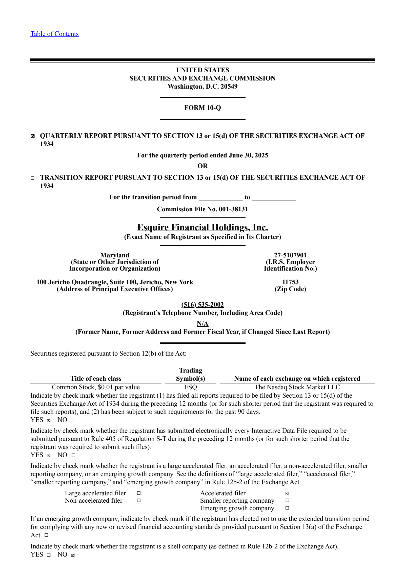 Esquire Financial's Q2 2025 Quarterly report