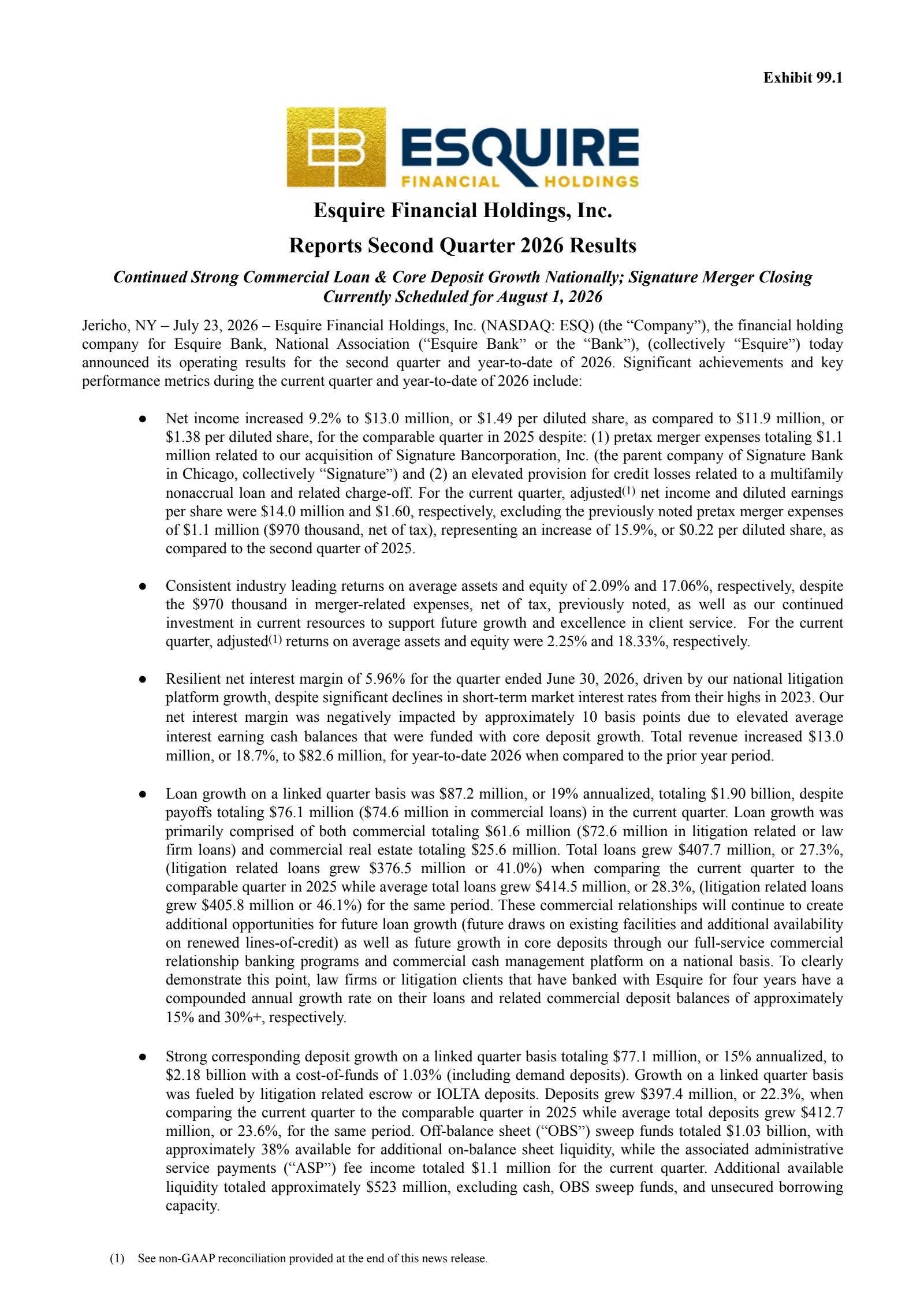 Esquire Financial's Q2 2026 Press Release
