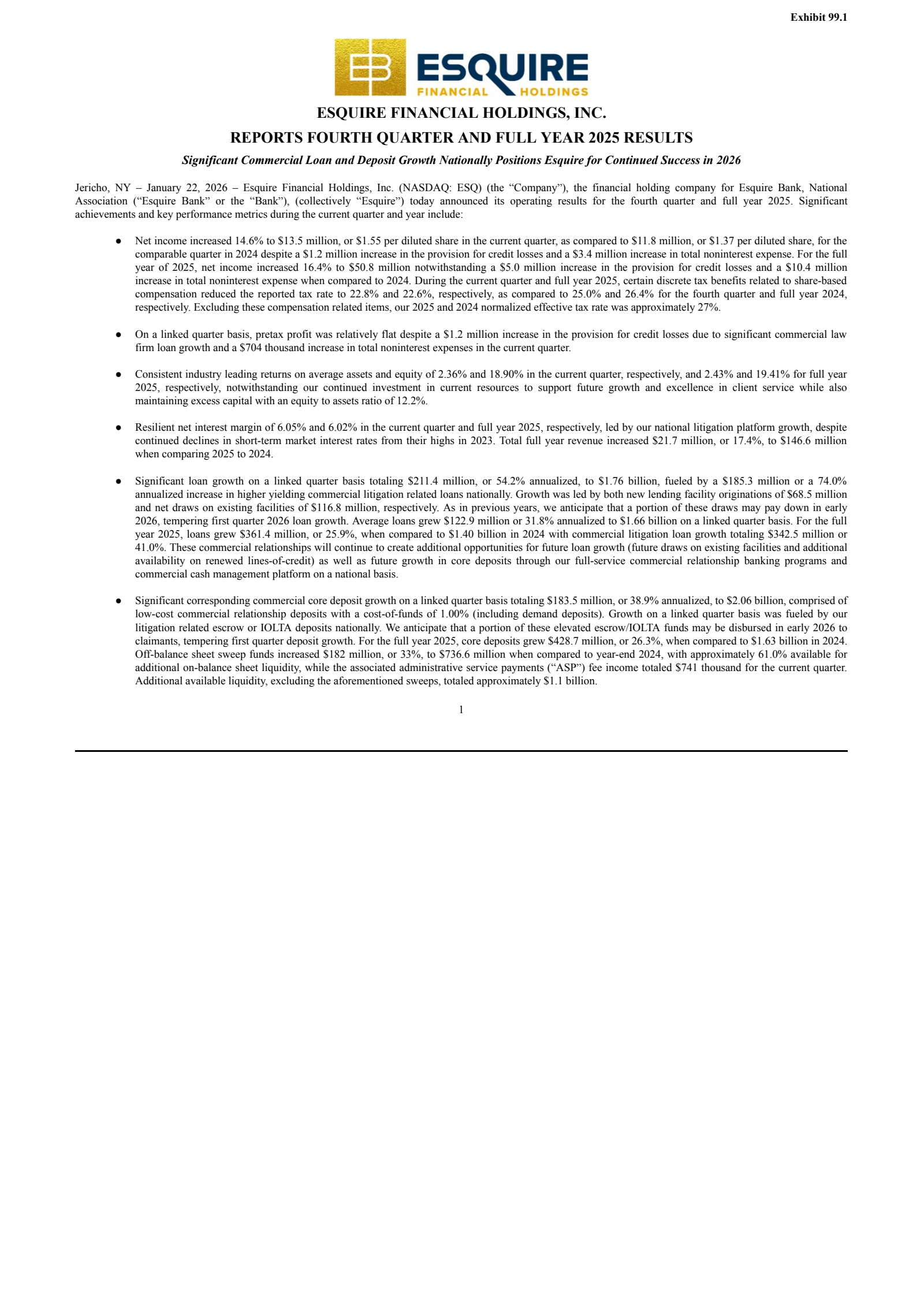 Esquire Financial's Q4 2025 Press Release