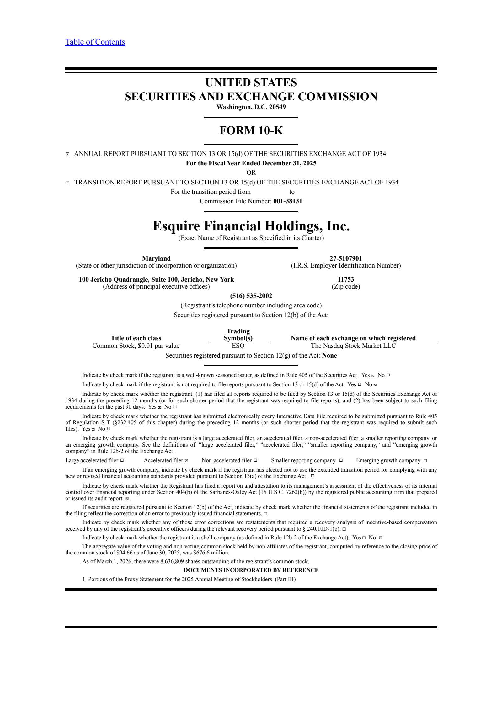 Esquire Financial's Q4 2025 Annual report