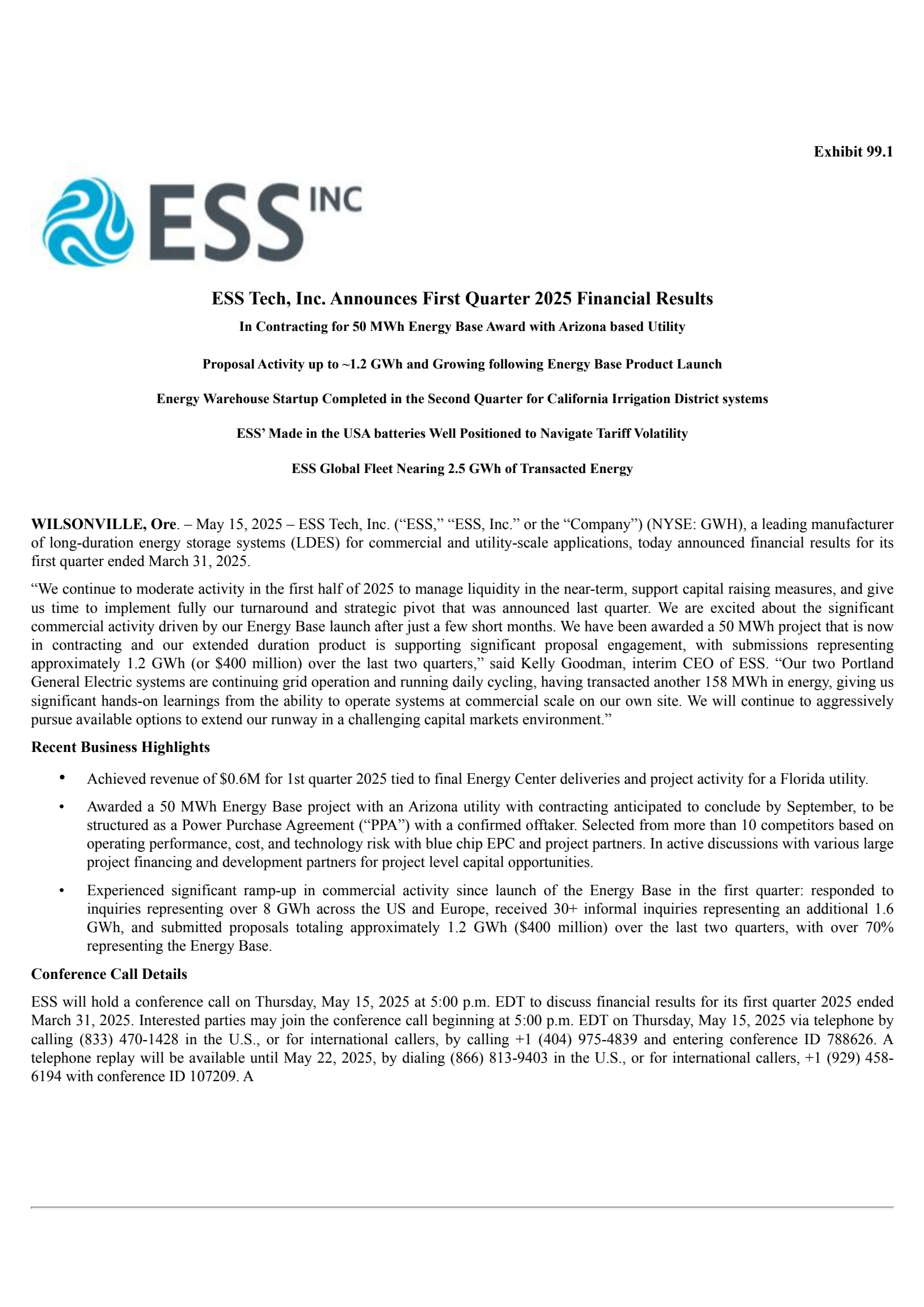 ESS Tech's Q1 2025 Press Release