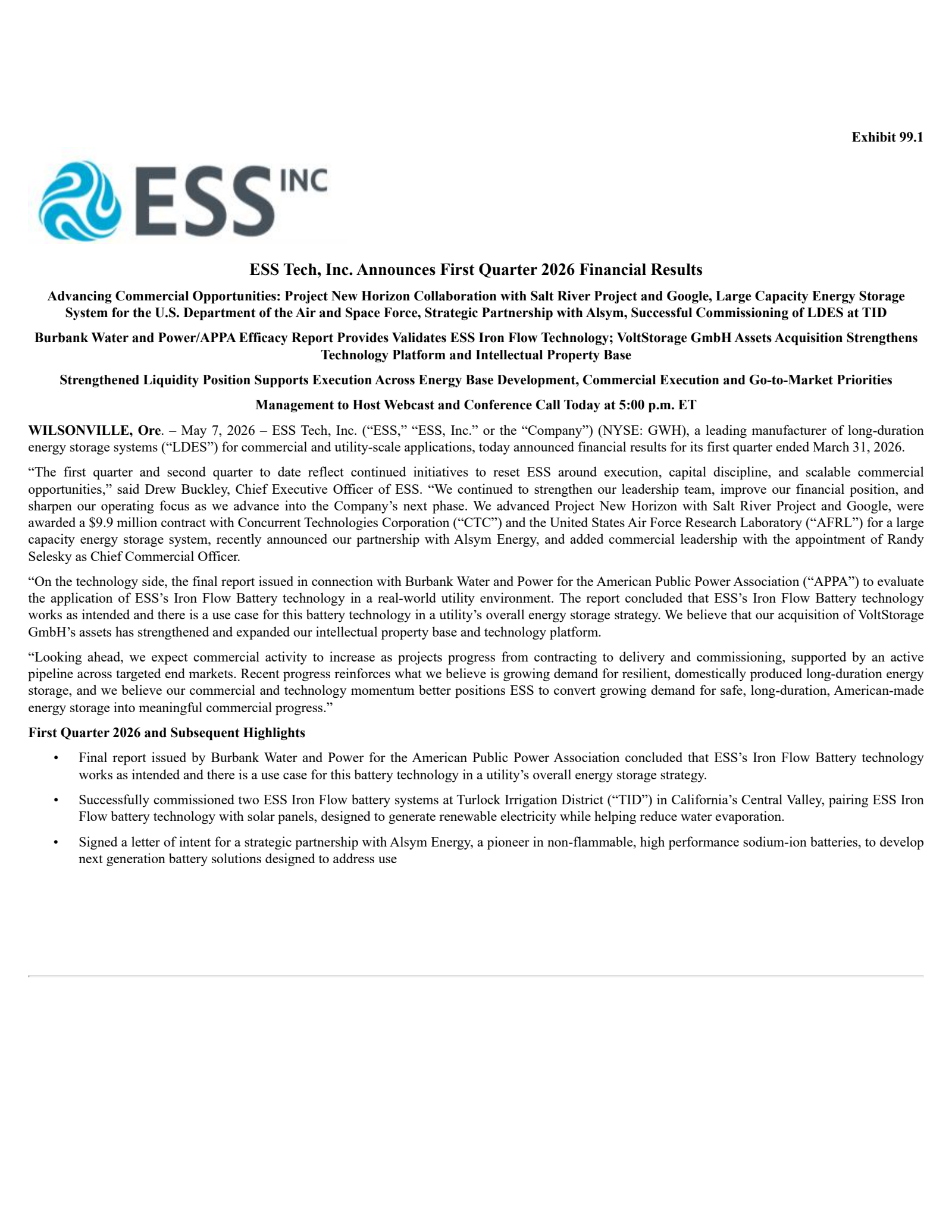 ESS Tech's Q1 2026 Press Release